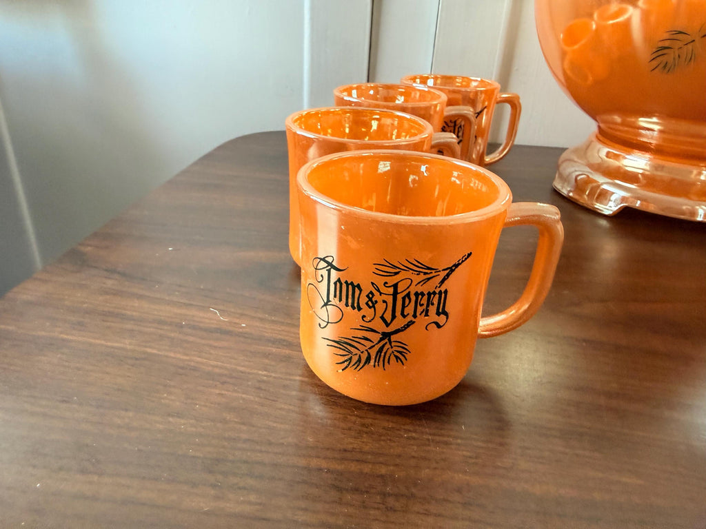 Rare Hard to Find Tom and Jerry Peach Lusterware Fire King Punch Bowl with 9 Cups