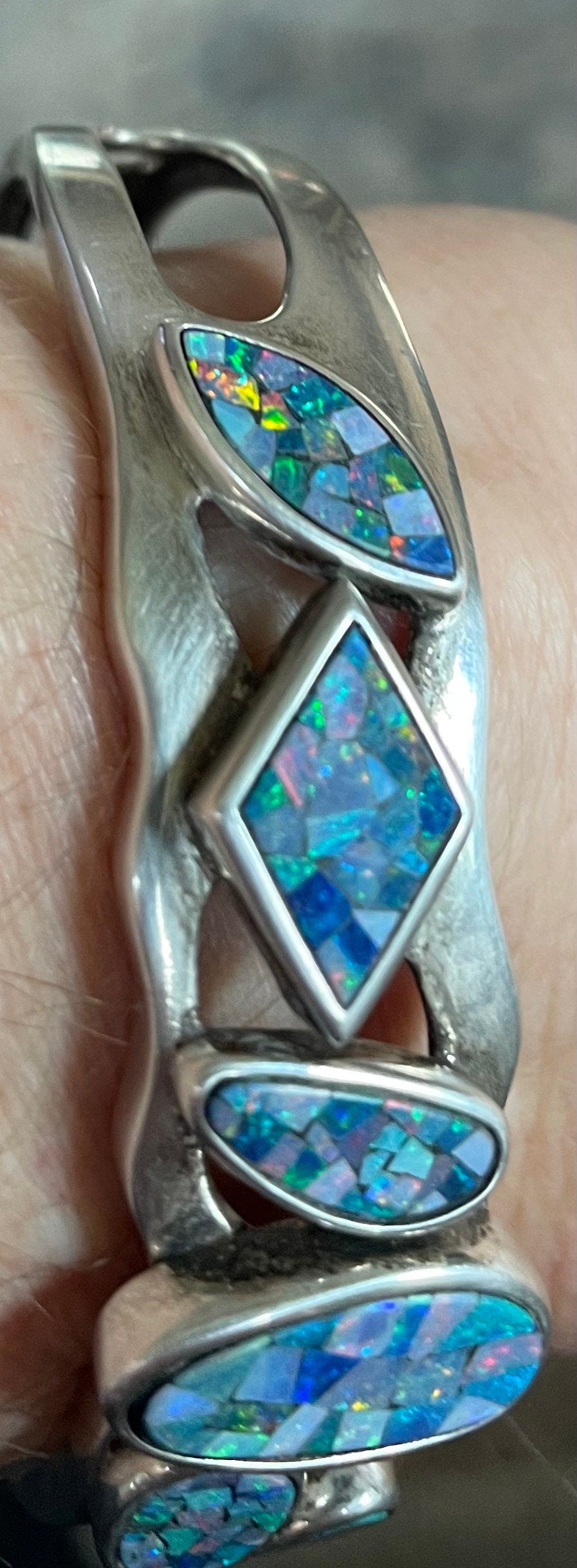 Stunning Vintage Sterling Silver and Blue Opal Cuff Bracelet