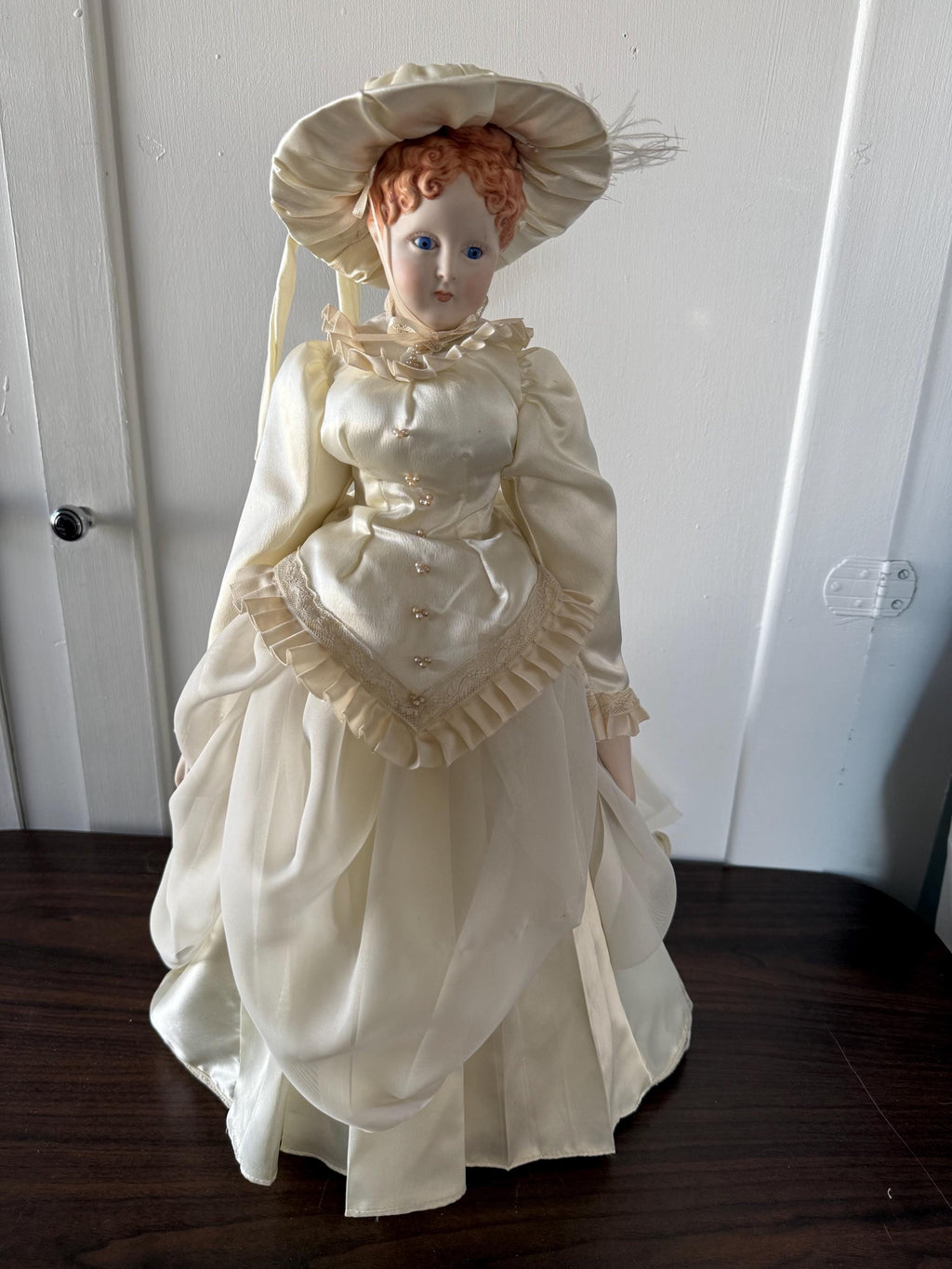 Antique 20" German Parian China Head doll Reproduction with Handmade Satin Off White Lace Dress Blue Glass Eyes