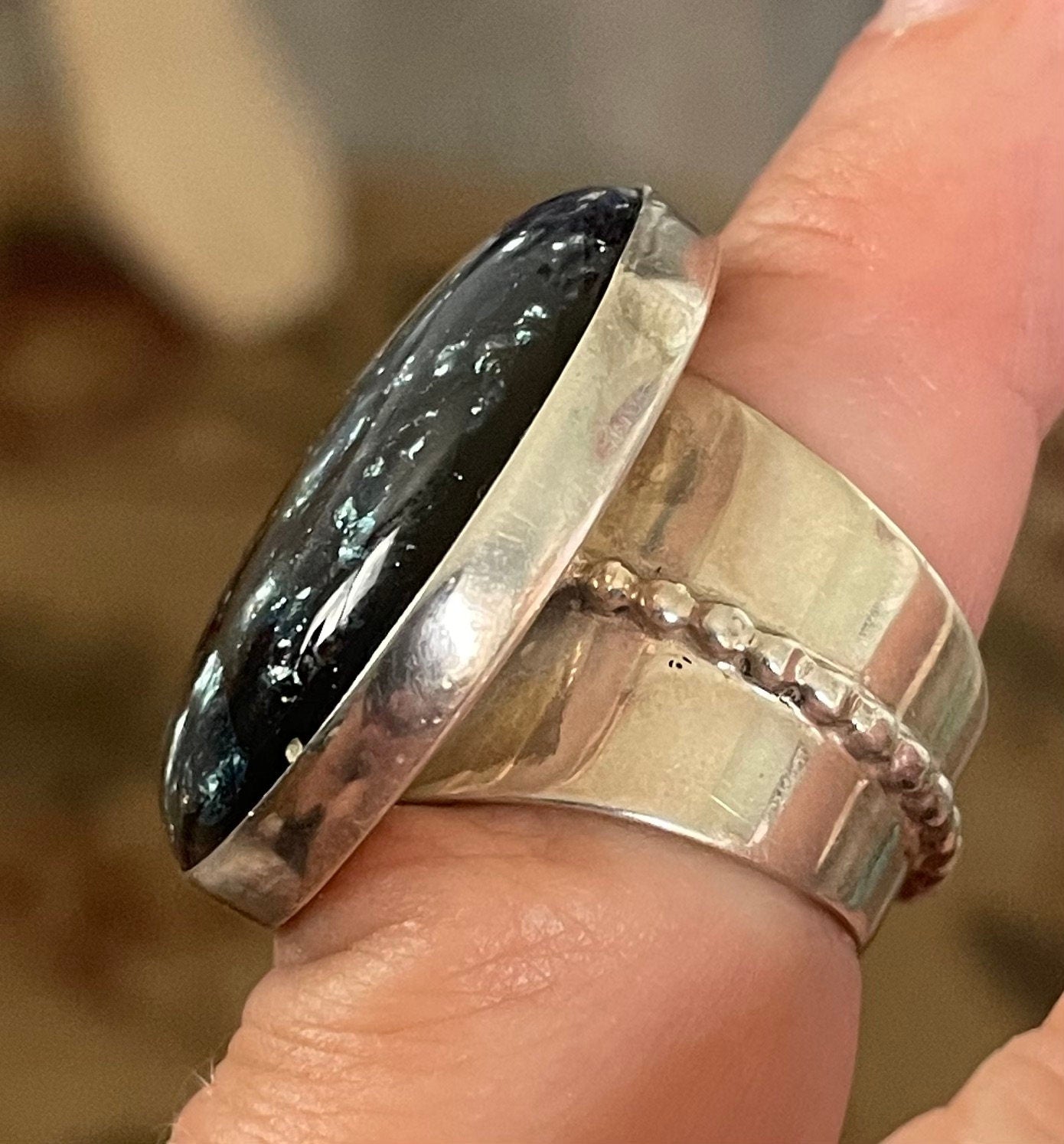 Unique Large Black and Silver Foil Dichoric Glass Jay King Desert Rose Ring Stamped DTR Size 7