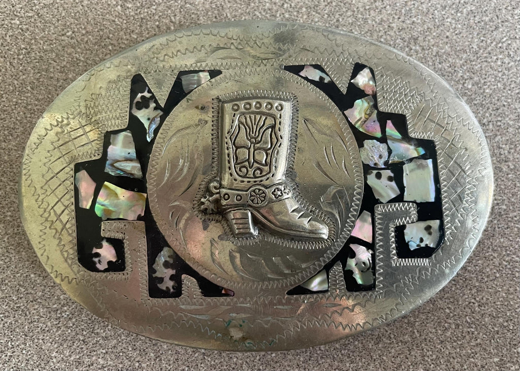 Vintage Alpaca Mexican Sterling Silver Western Style Belt Buckle Inlayed Onyx and Abalone