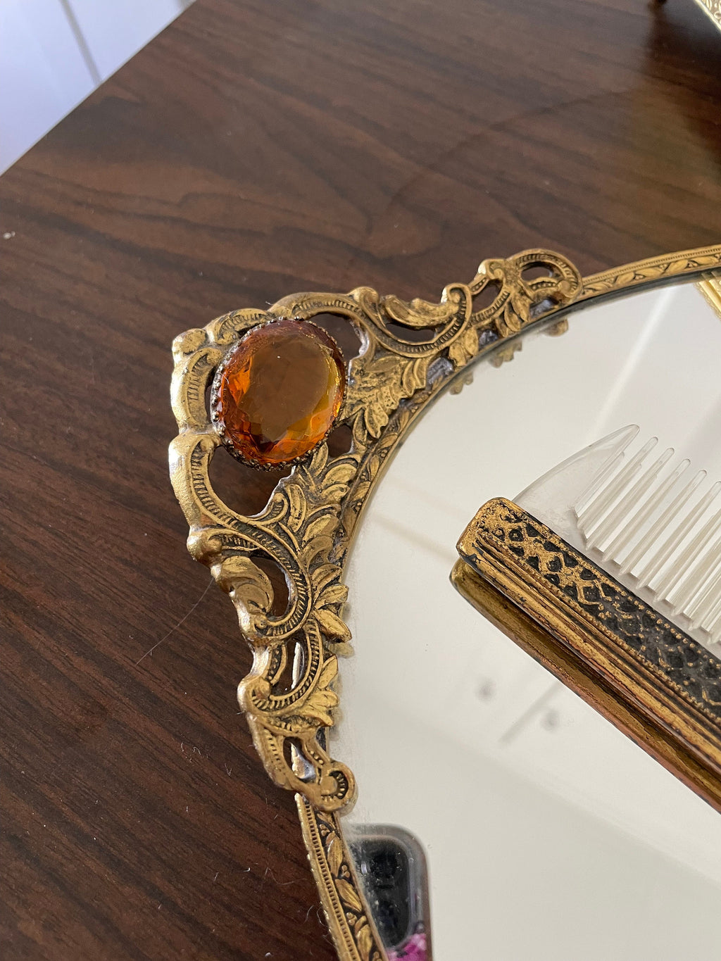 Beautiful Antique Victorian Ormolu Vanity Set Tray Comb Brush Jewelry Box Clock Soap Dish Glass and Holder Amber Rhinestones 8 Pieces