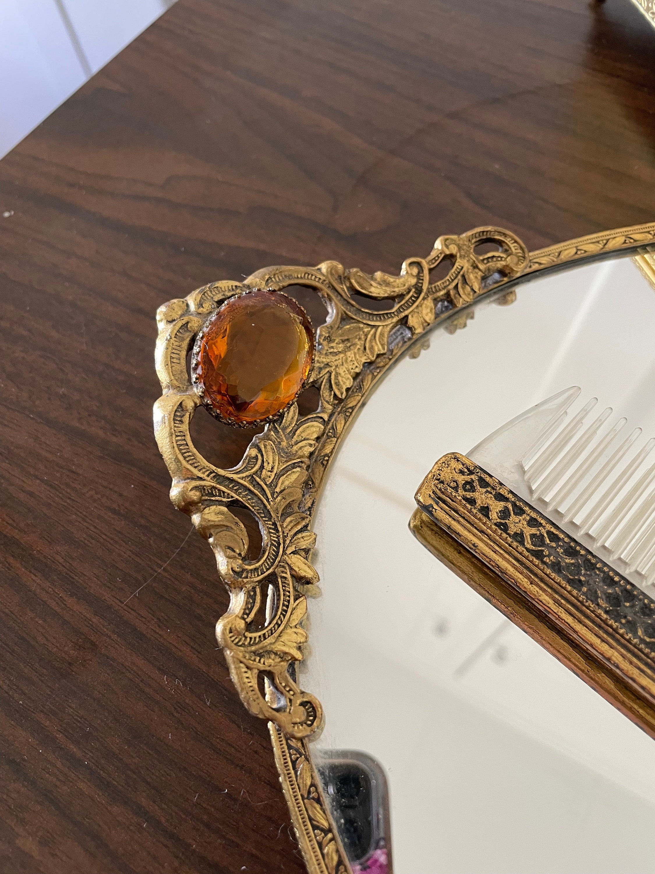 Beautiful Antique Victorian Ormolu Vanity Set Tray Comb Brush Jewelry Box Clock Soap Dish Glass and Holder Amber Rhinestones 8 Pieces