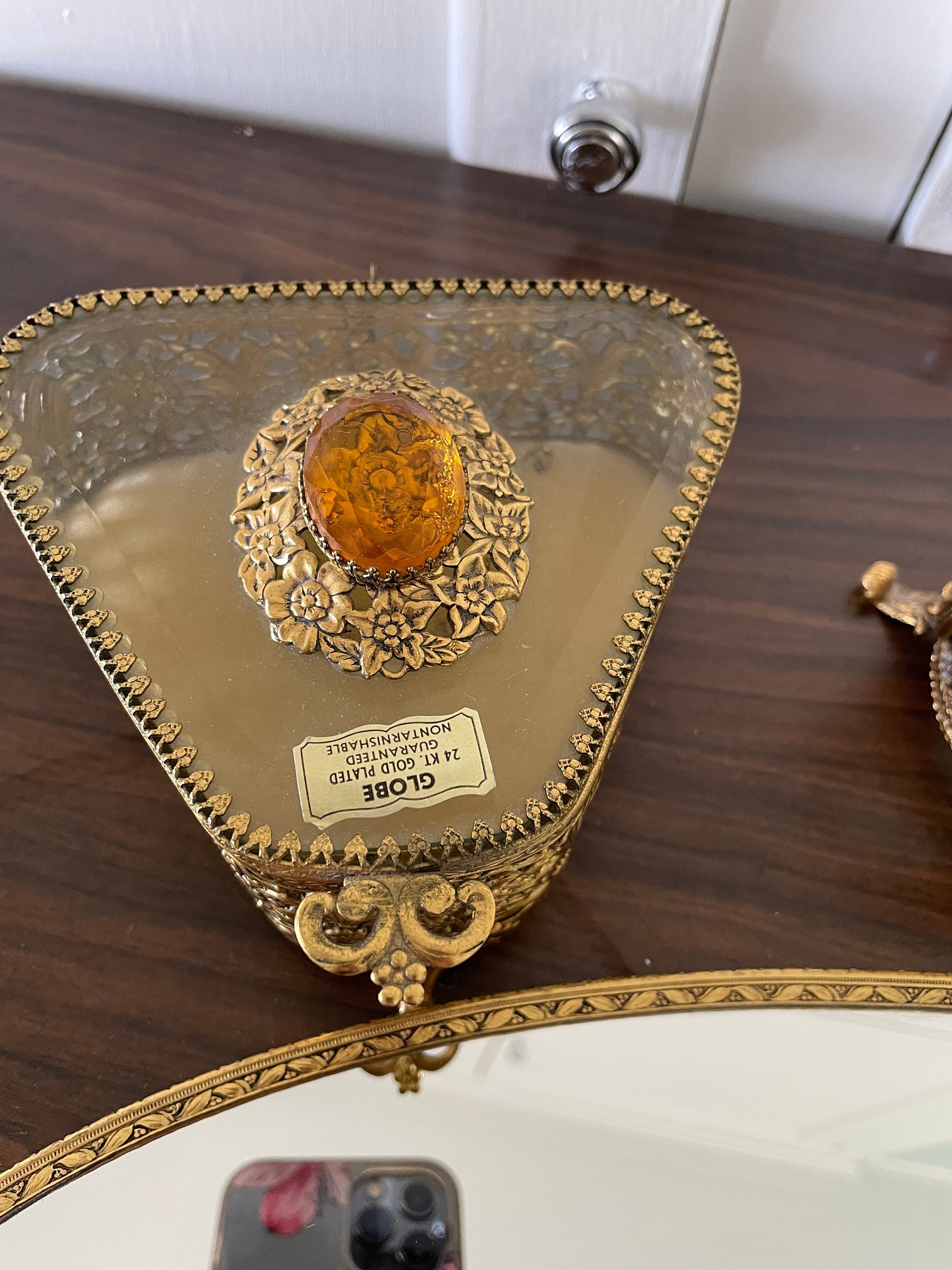 Beautiful Antique Victorian Ormolu Vanity Set Tray Comb Brush Jewelry Box Clock Soap Dish Glass and Holder Amber Rhinestones 8 Pieces