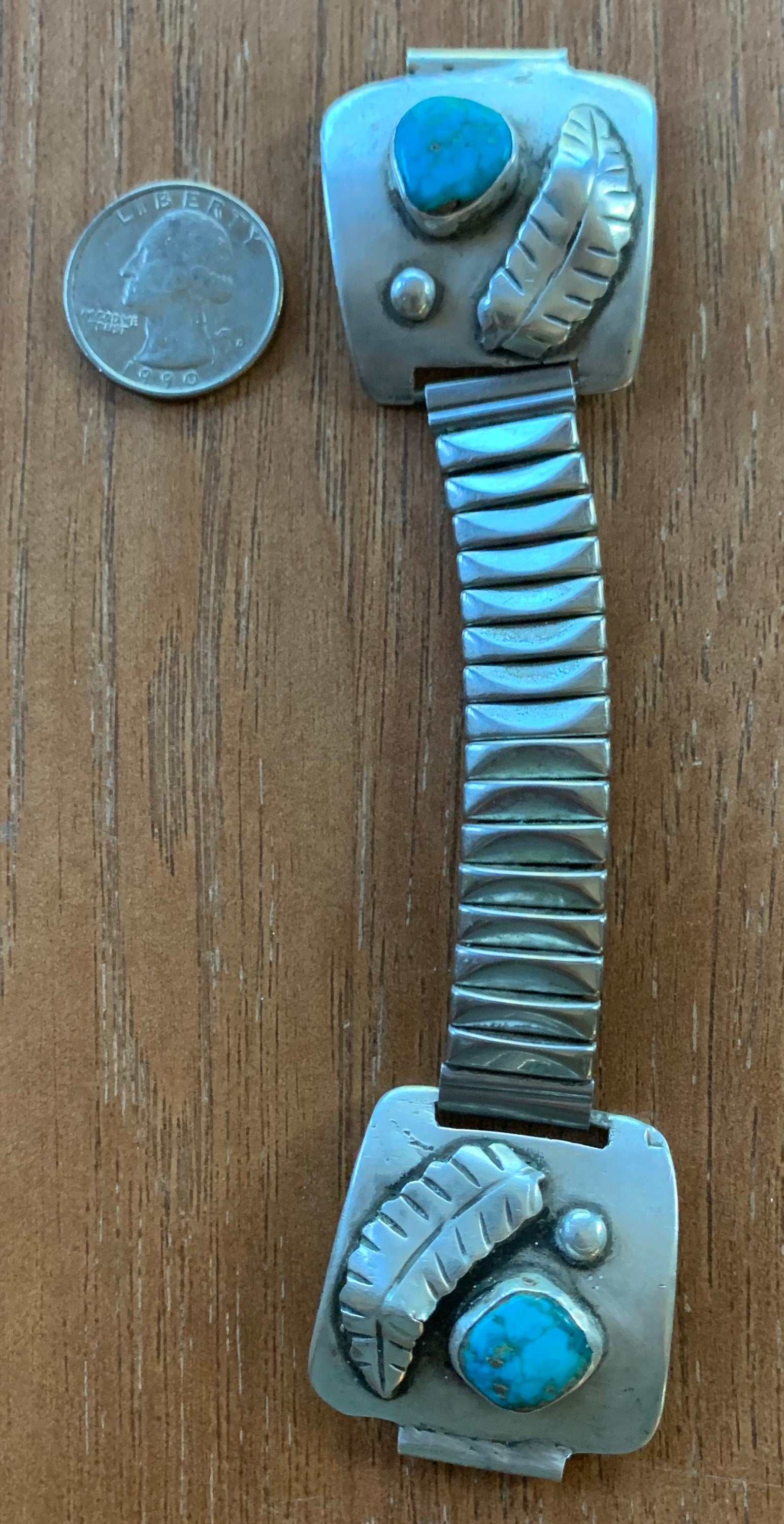 Large Vintage Native American Sterling Silver Watch Band with Turquoise