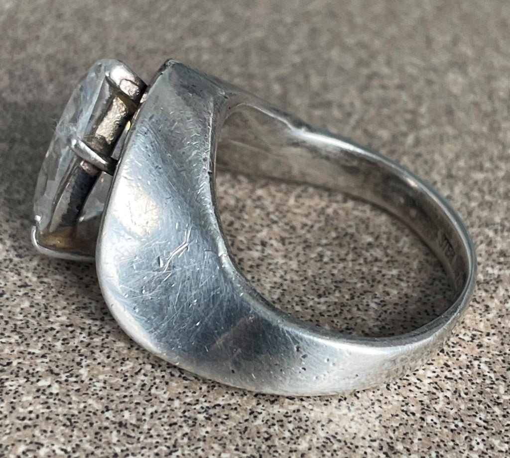Unique Vintage Artist Signed "ASPO" Ladies Clear Topaz Tear Drop Sterling Silver Modernist Ring Size 9