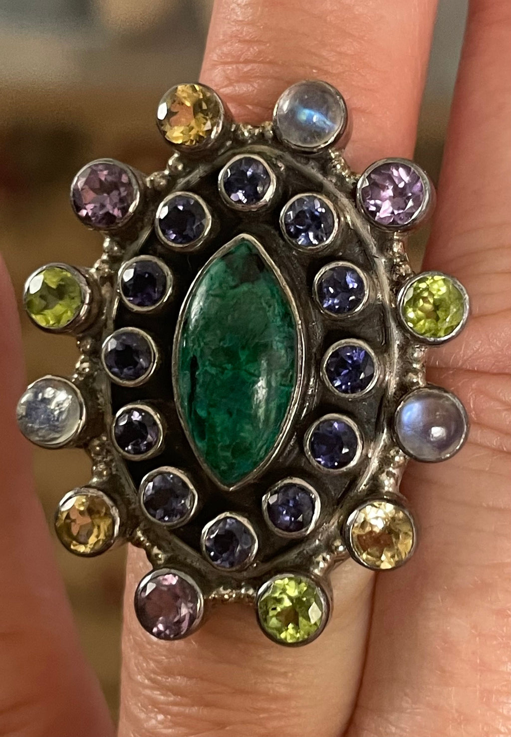 Stunning Artist Signed Nicky Butler Multi Stone Sterling Silver Amethyst Malachite  Citrine Opaline Ring Size 6