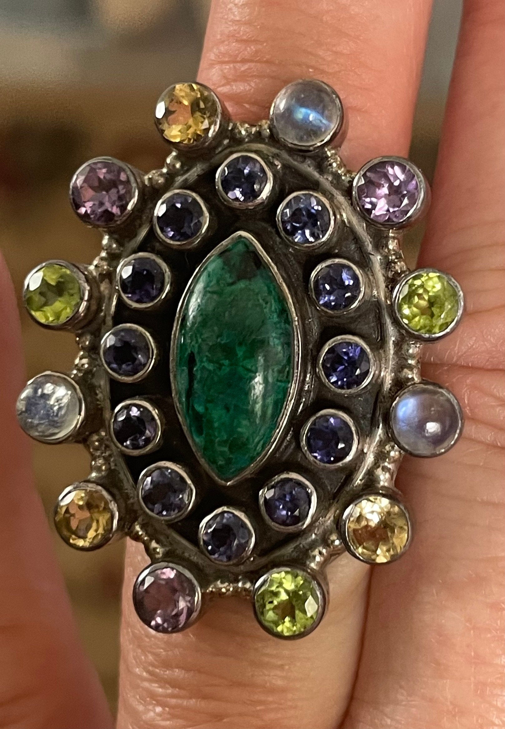 Stunning Artist Signed Nicky Butler Multi Stone Sterling Silver Amethyst Malachite  Citrine Opaline Ring Size 6