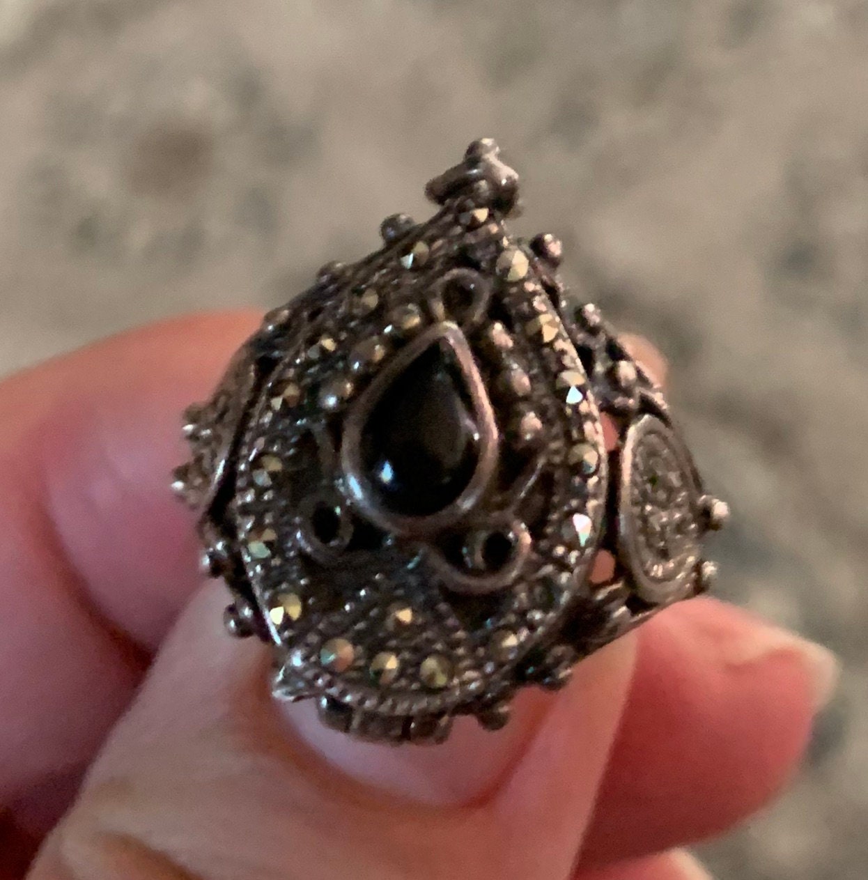 Beautiful Ladies Turkish Sterling Silver Black Onyx and Marcasite Poison Ring size 7