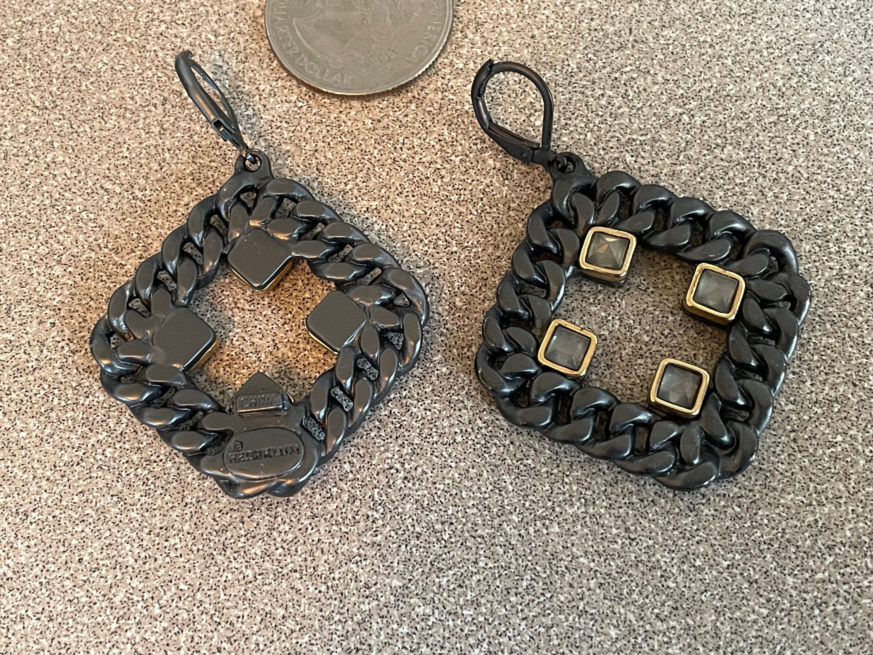 Beautiful Vintage Heidi Klum Dangle Pierced Earrings Black Chain Metal with Stones