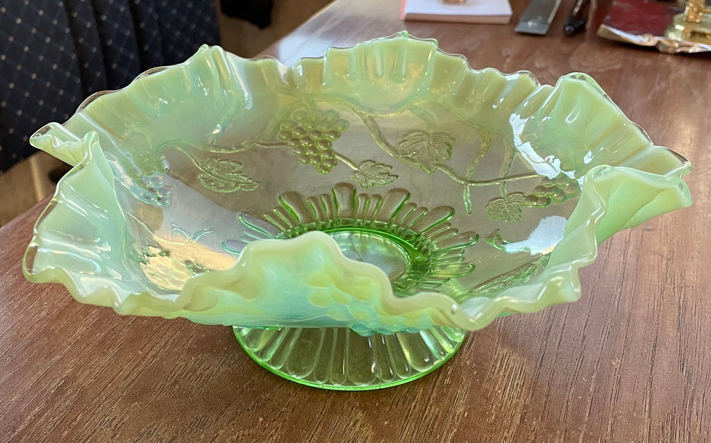 Beautiful Green Opalescent Glass Grape Pattern Footed Candy Dish