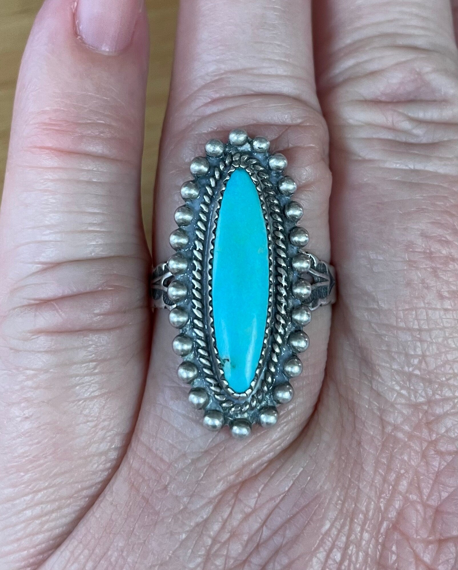 Vintage Artist Signed Native American Turquoise Ring Size 8 1/2