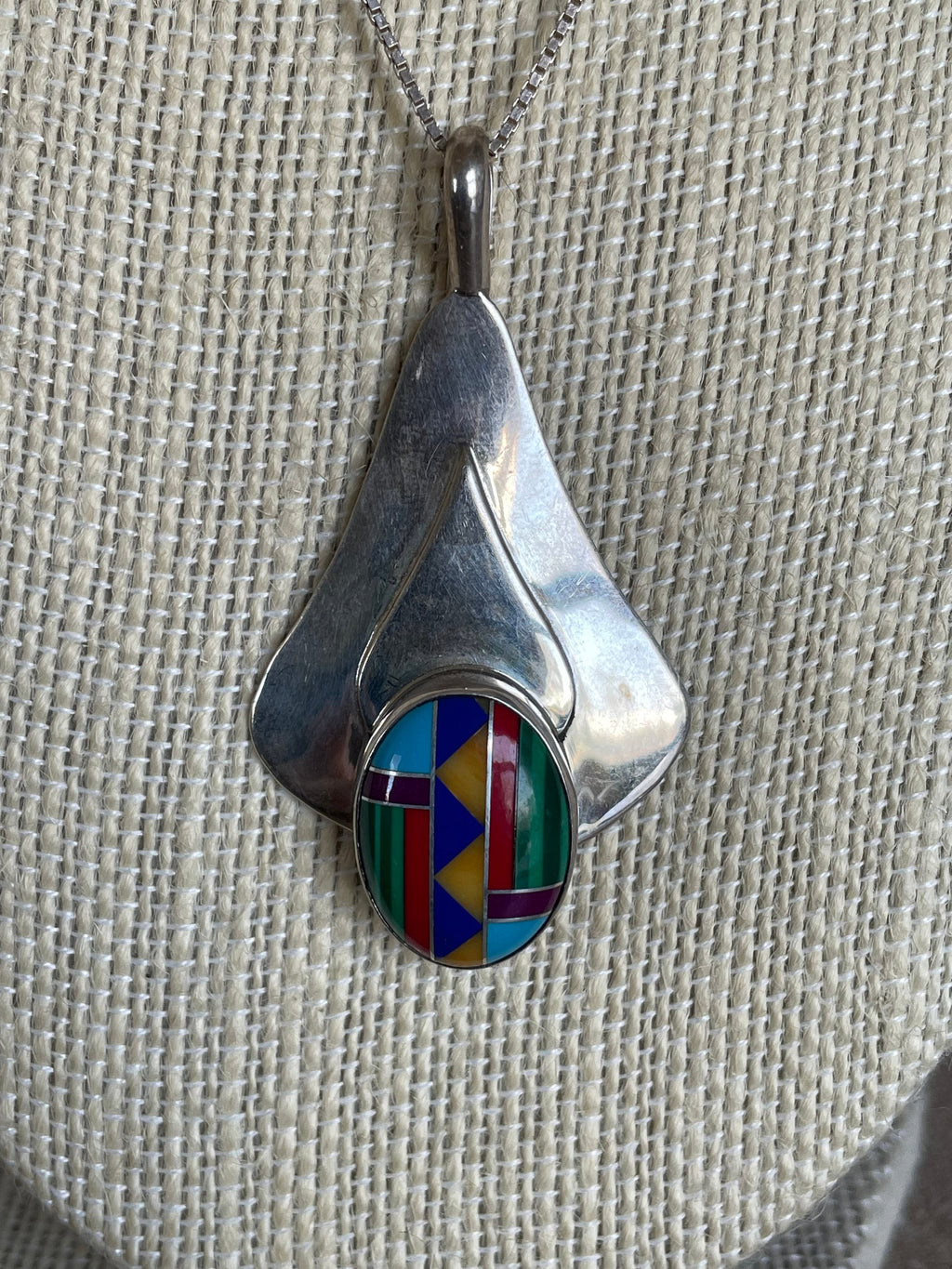 Beautiful Native American Signed "J" Zuni Necklace Sterling Silver Necklace with Pendant