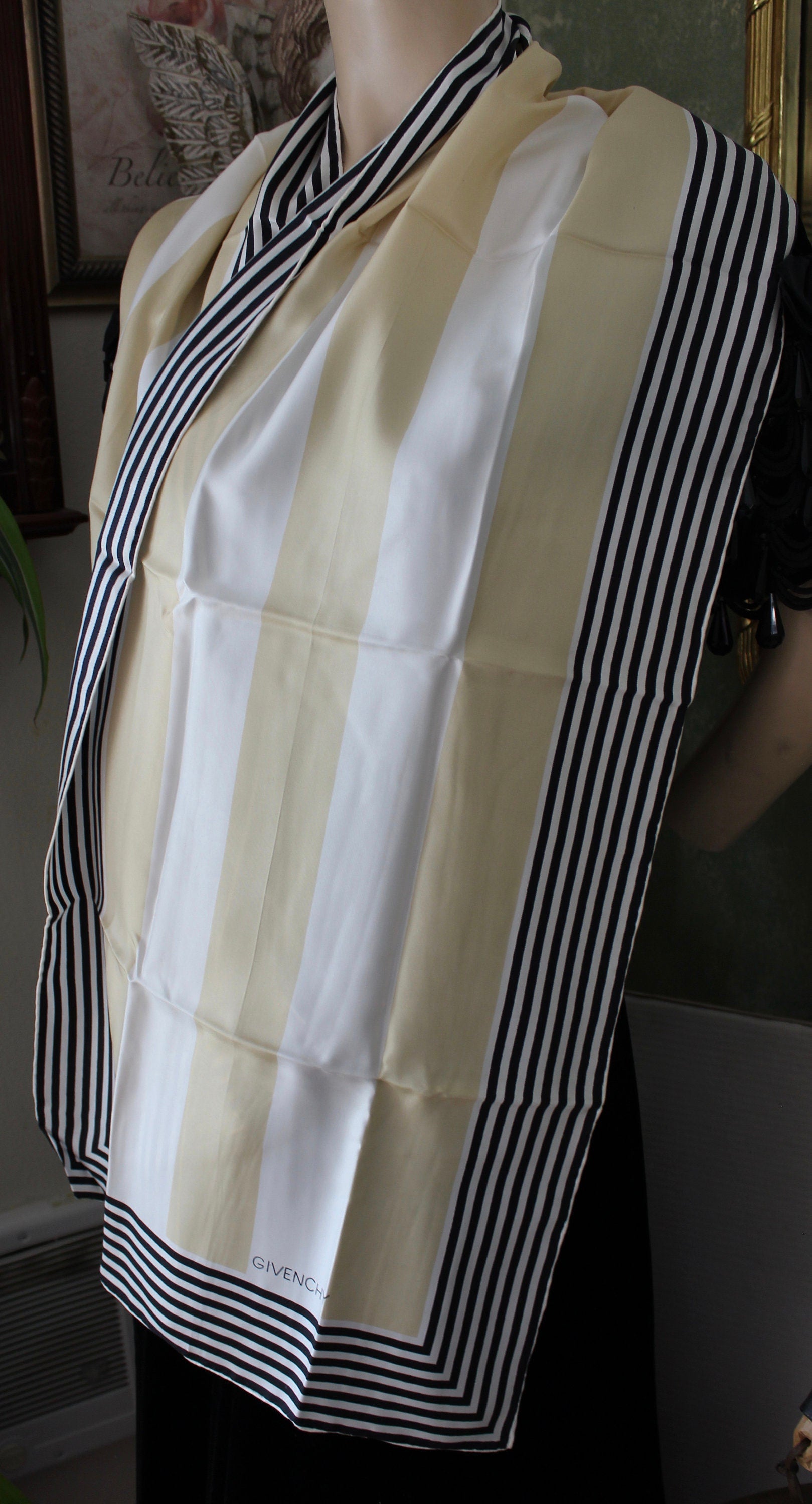 Stylish Vintage Designer "Givenchy" 100% Silk Stripped Scarf 16 1/2" x 68"