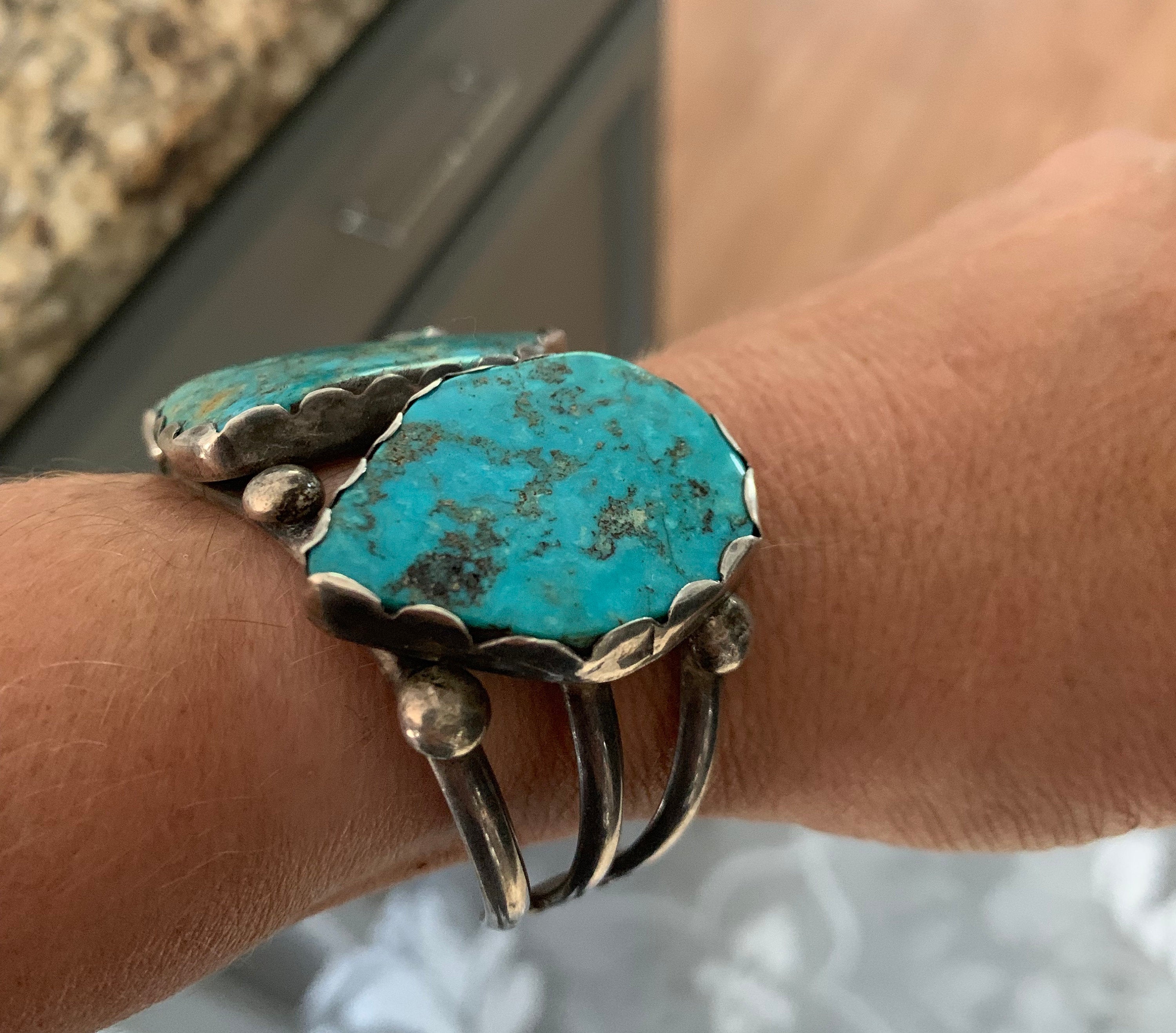 Huge Heavy Sterling Silver Old Pawn Turquoise Navajo Cuff Bracelet Squash Blossom Native American