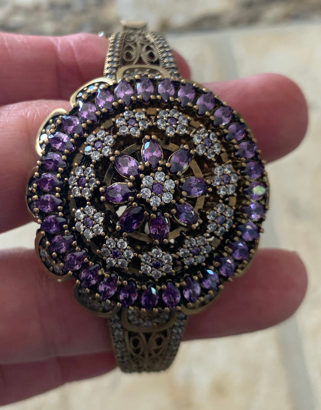 Stunning Large Amethyst Sterling Silver Bronze Turkish Hinged Bracelet