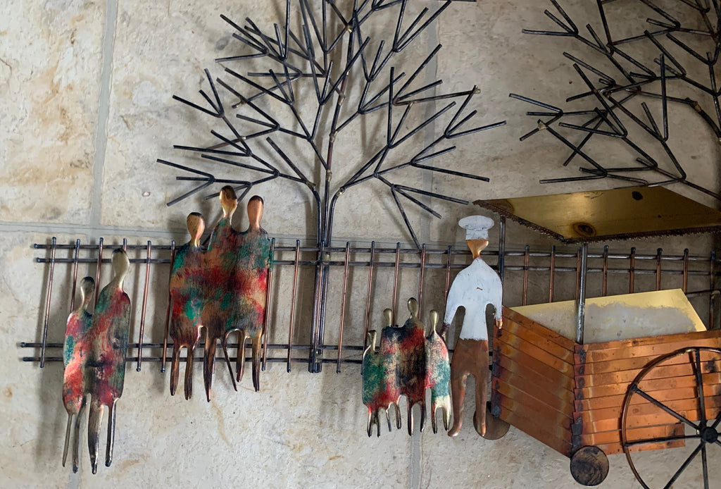 Huge Mid Century Modern C Curtis Jere Style Signed Wiley City Street Vendor Metal Wall Sculpture Art 3D