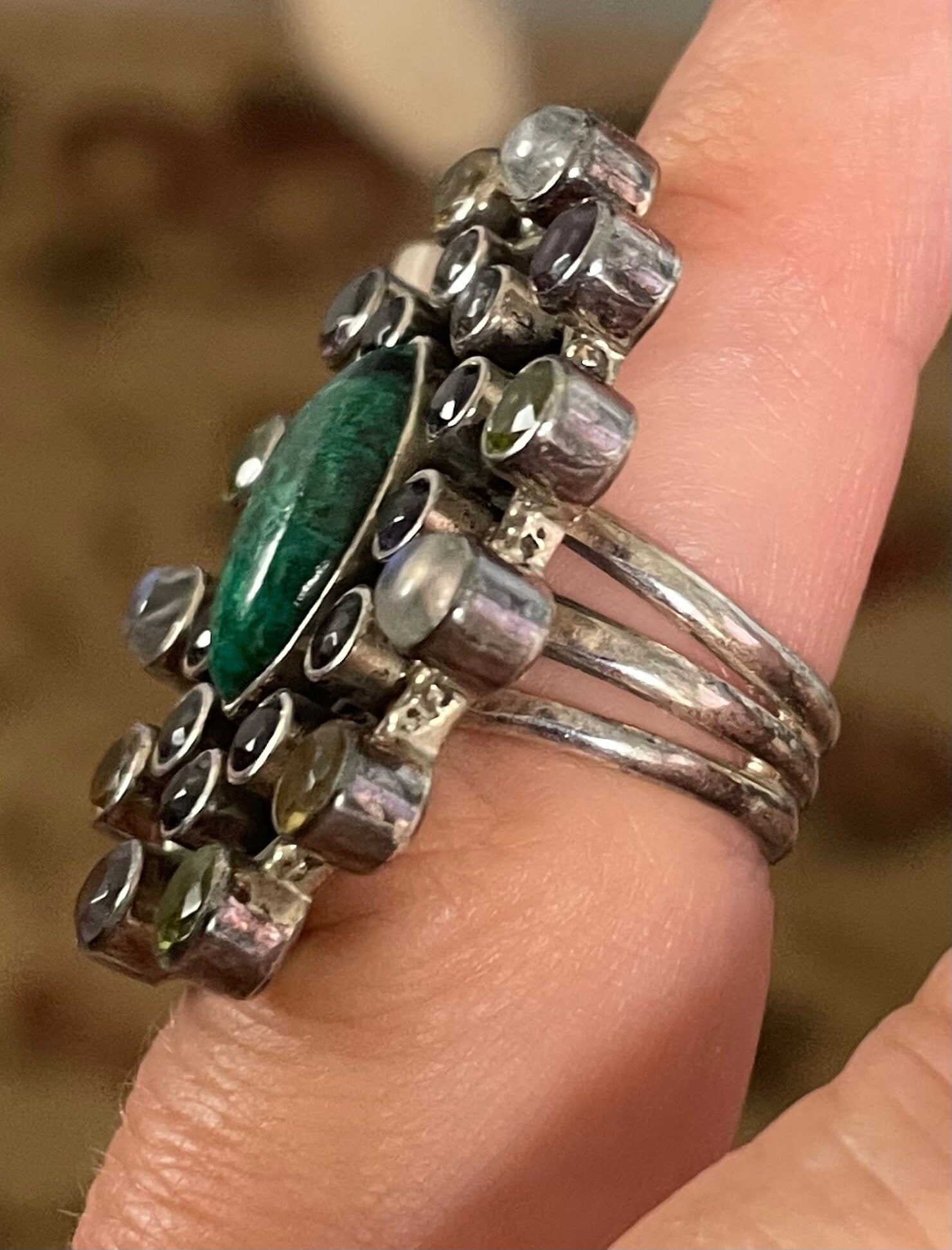 Stunning Artist Signed Nicky Butler Multi Stone Sterling Silver Amethyst Malachite  Citrine Opaline Ring Size 6