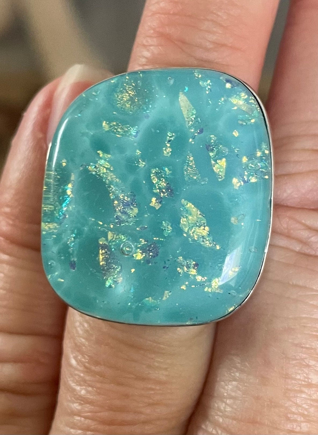 Unique Large Blue and Gold Foil Dichoric Glass Jay King Desert Rose Ring Stamped DTR Size 7