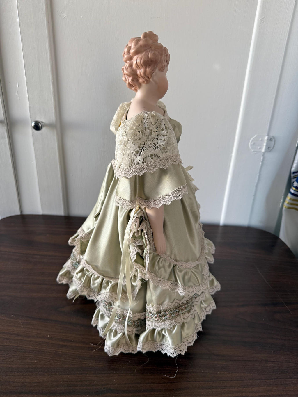 Antique 18" German Parian China Head doll Reproduction with Handmade Satin Green Lace Dress Glass Eyes