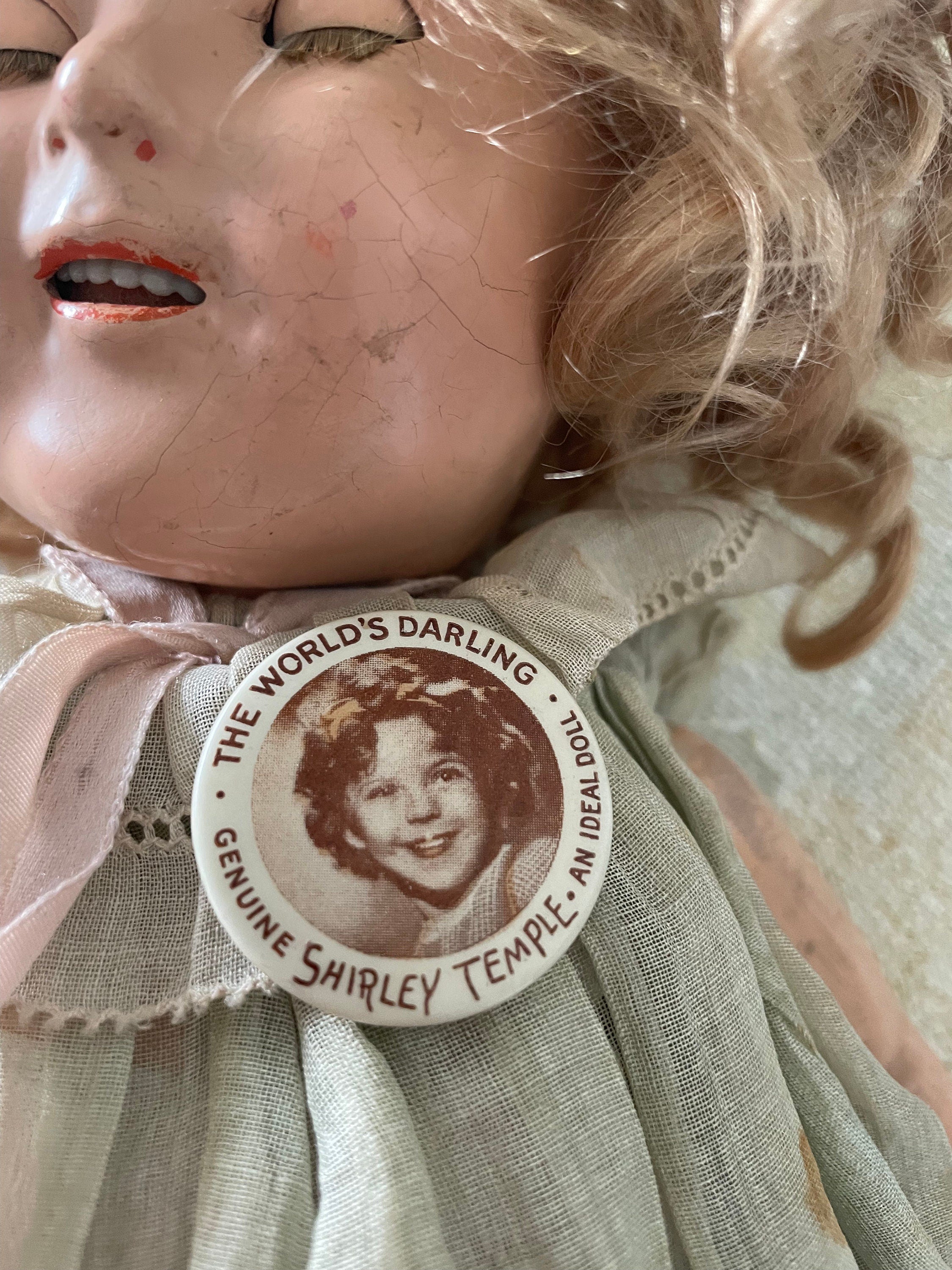 Shirley Temple 17" Composition Doll Ideal, Rare Tagged Dress, Slip Oil Cloth Shoes Socks Button
