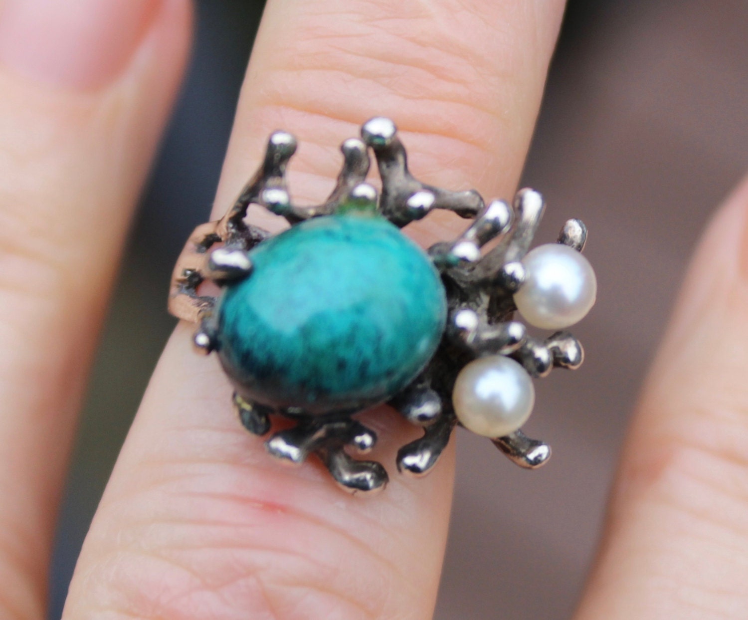 Vintage Custom Made Sterling Silver Turquoise with 2 White Pearls Ring Size 5