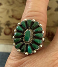 Unique Green Turquoise Needlepoint Native American Artist Signed SL Hattie Zuni Sterling Silver Ring Size 6 1/2