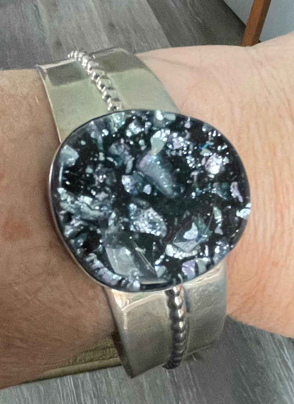 Unique Large Black and Silver Foil Dichoric Glass Jay King Desert Rose Cuff Bracelet Stamped DTR