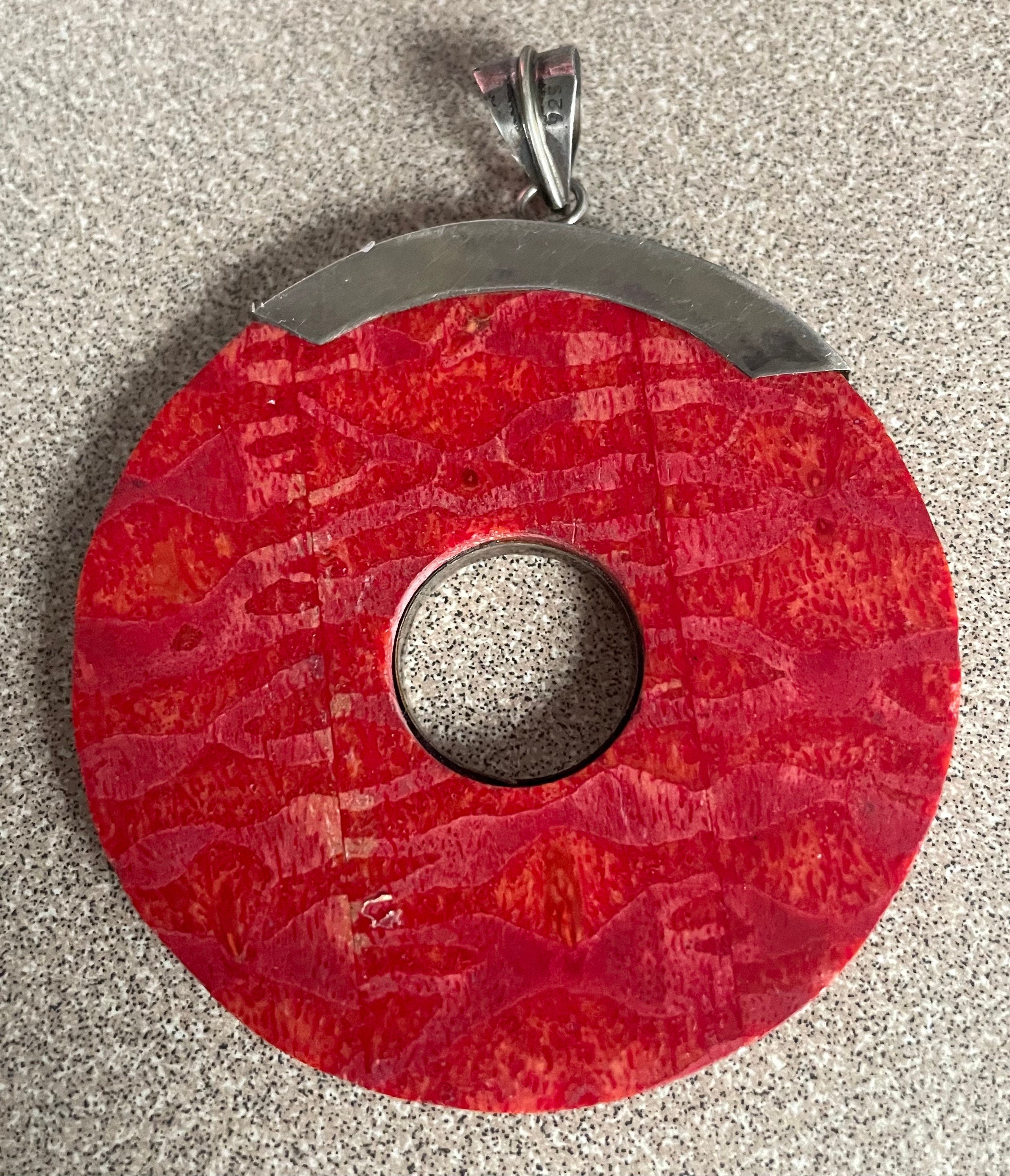 Vintage Large Asian Sterling Silver Pendant with Carved Coral Stone