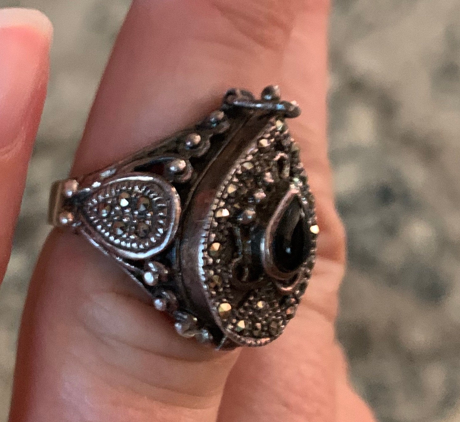 Beautiful Ladies Turkish Sterling Silver Black Onyx and Marcasite Poison Ring size 7
