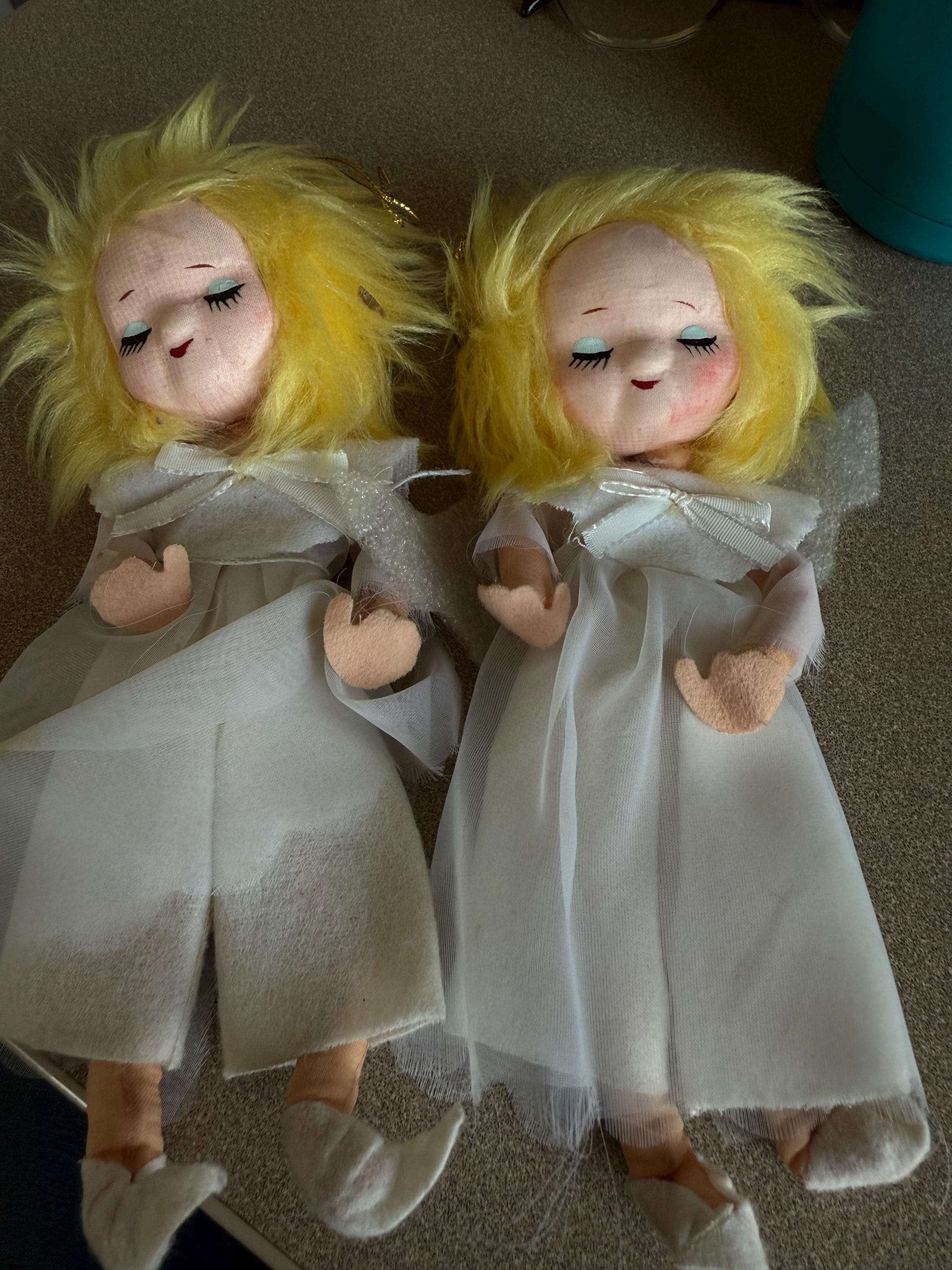 RARE Vintage Angel Pixie Christmas Tree Ornaments Lot of 2 Cloth with White
