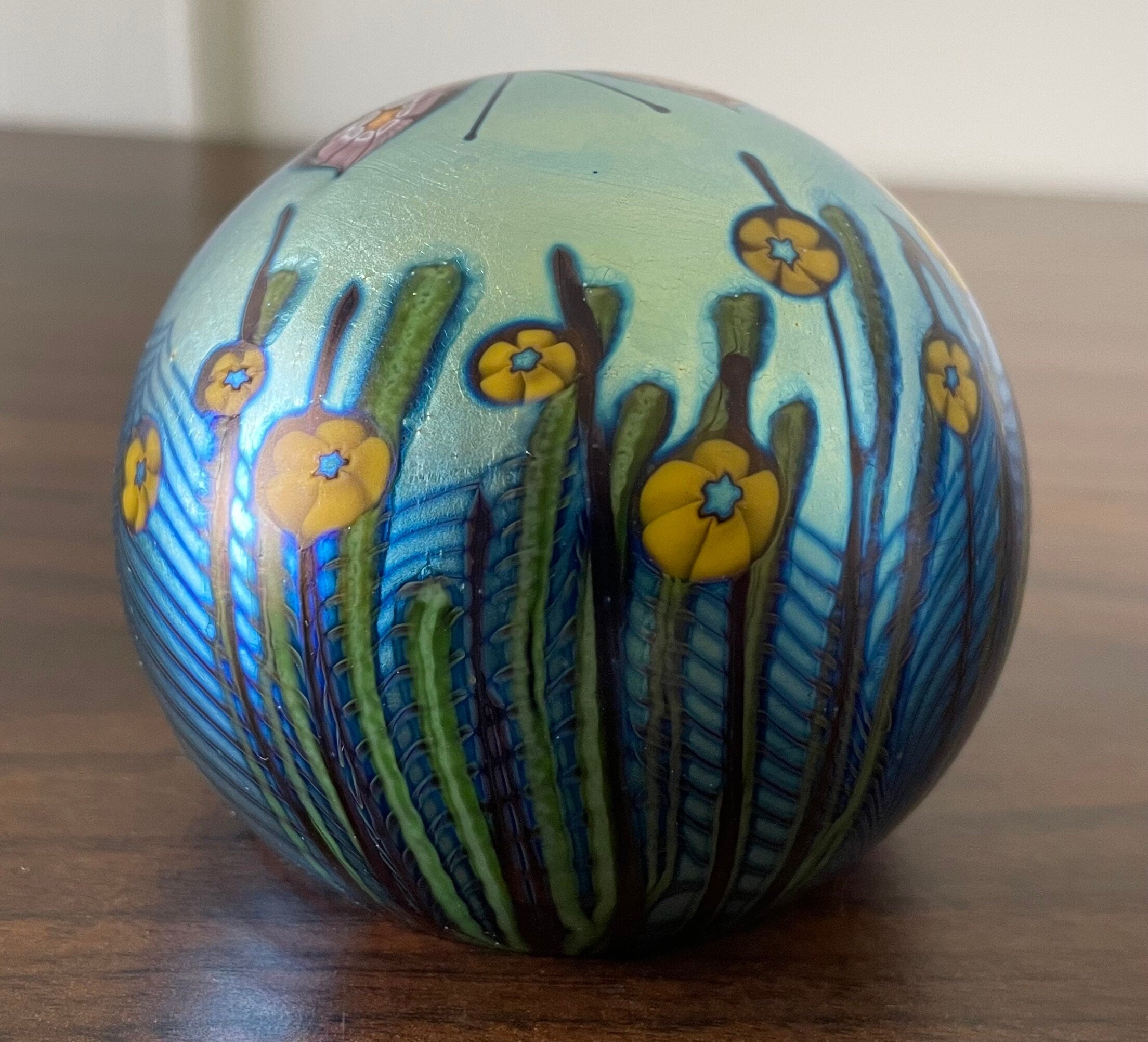 Vintage Orient & Flume Iridescent Floral Art Glass Paperweight Dated 1977 Stunning with Butterfly and Flowers