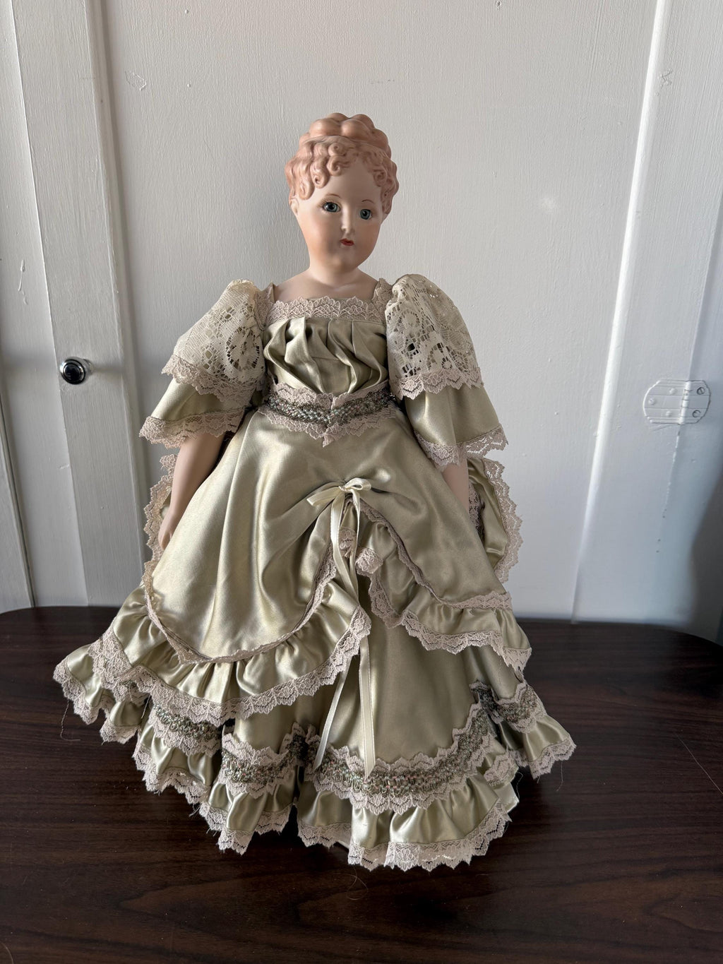 Antique 18" German Parian China Head doll Reproduction with Handmade Satin Green Lace Dress Glass Eyes
