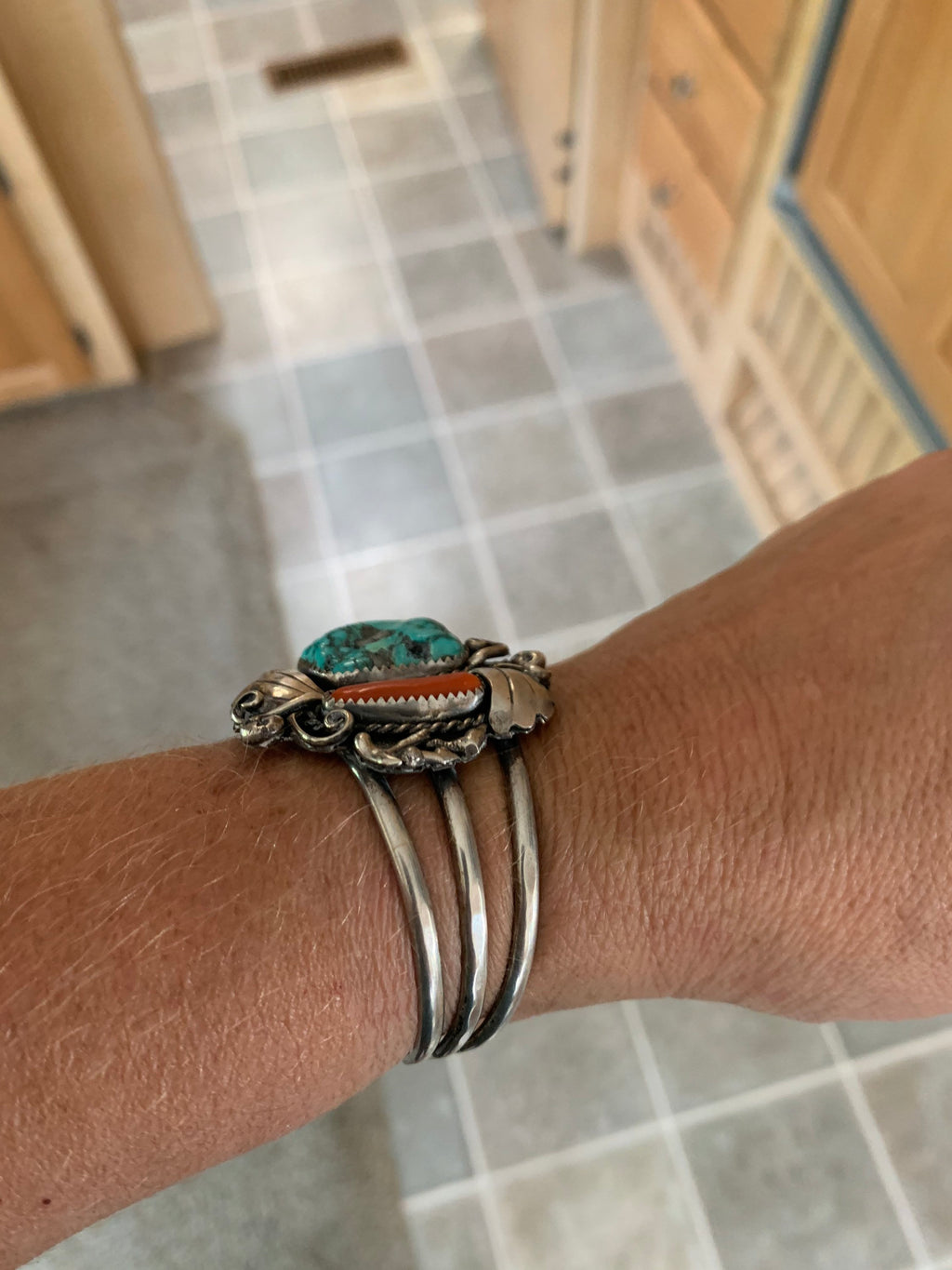 Large Sterling Silver Old Pawn Blue Green Coral & Turquoise Navajo Cuff Bracelet