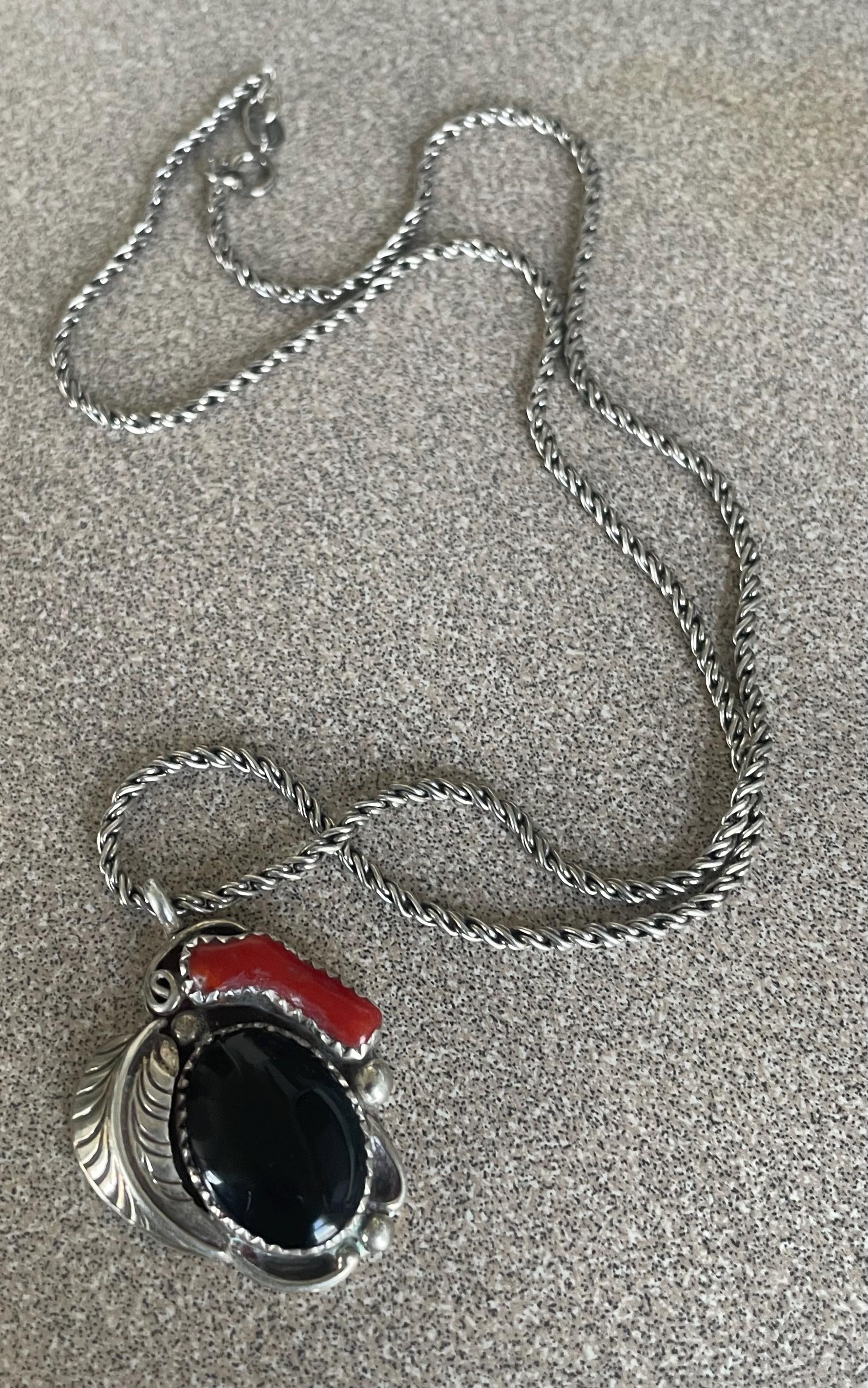 Beautiful Vintage Native American Black Onyx and Coral Sterling Silver Necklace Pendant
