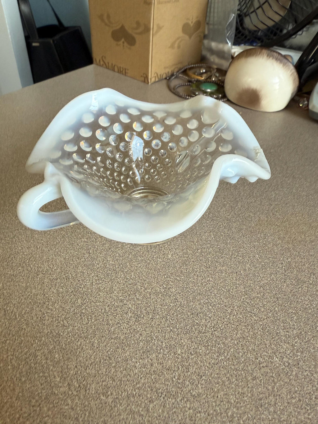 Vintage Fenton Opalescent Hobnail Double Handle Stemmed Bowl Serving Dish Great for the Holidays
