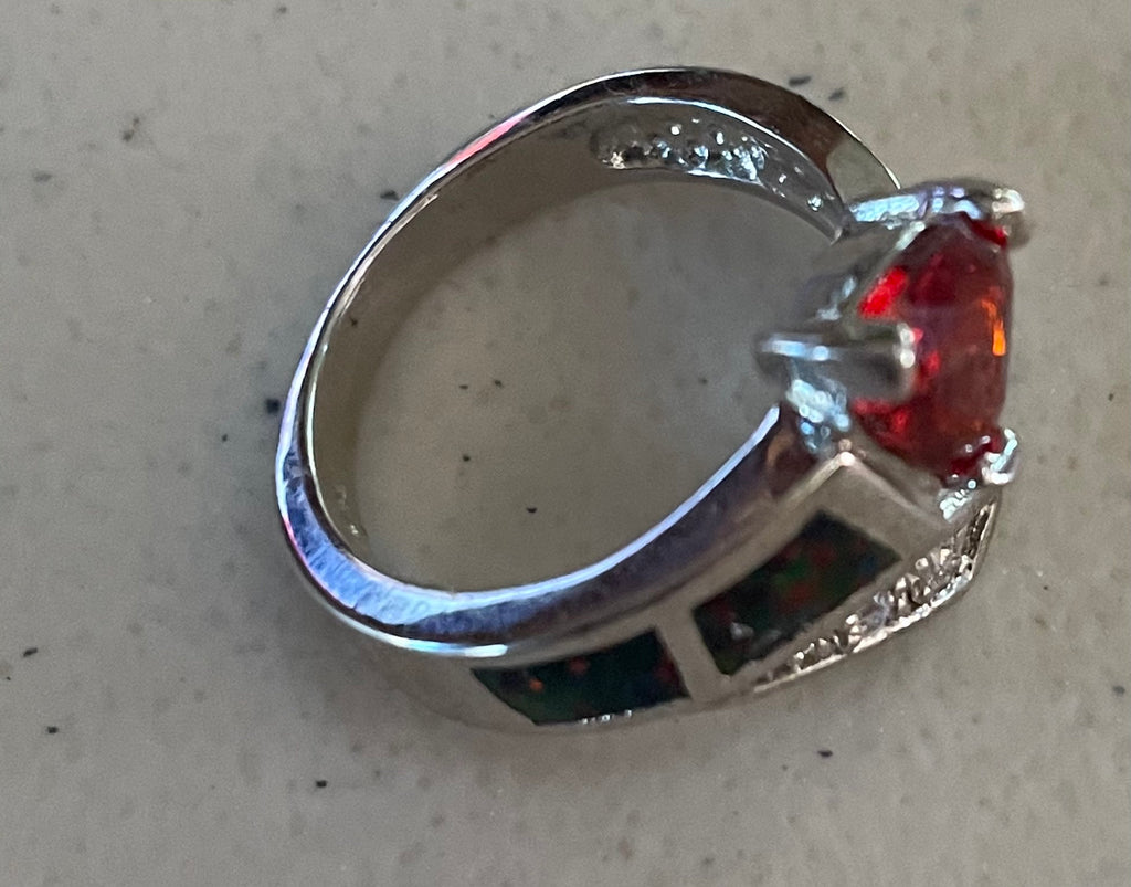 Vintage Sterling Silver Garnet Faux Opal and Clear Topaz Ring Size 6