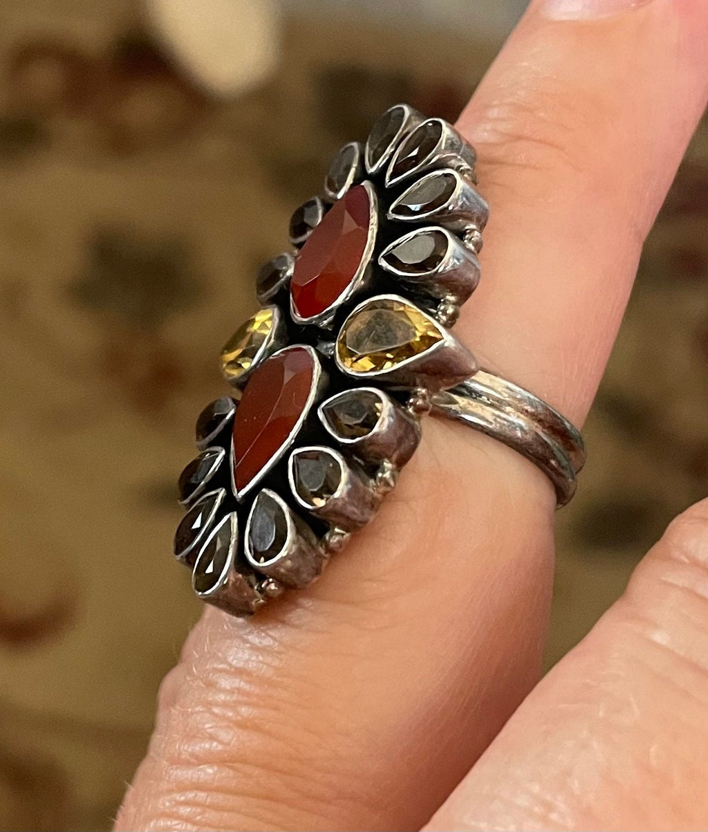 Beautiful Limited Edition Turkish Indian Ladies Multi Stone Ring Smokey Quartz Citrine Carnelian Size 6