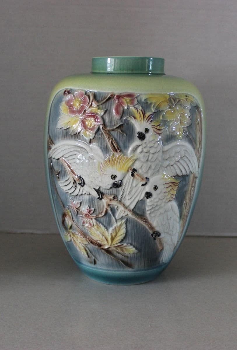 Rare Vintage Antique Large Bird Cockatoo Parrot & Dogwood Majolica Vase 2 Sided