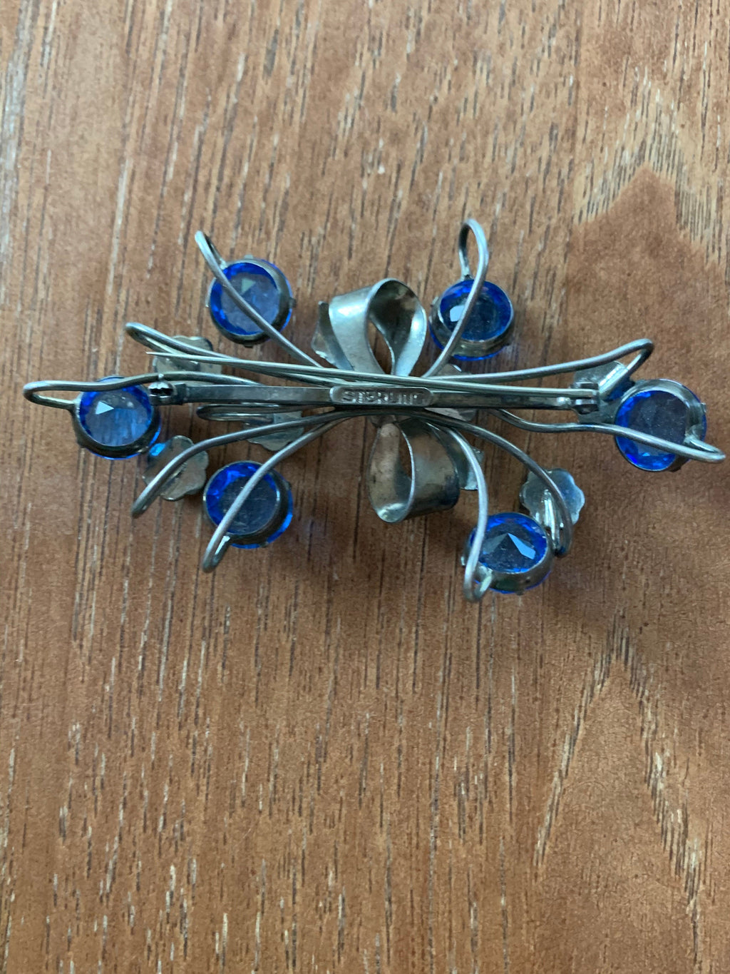 Huge Vintage  Sterling Silver Blue Glass Stone Flower Spray Brooch Pin