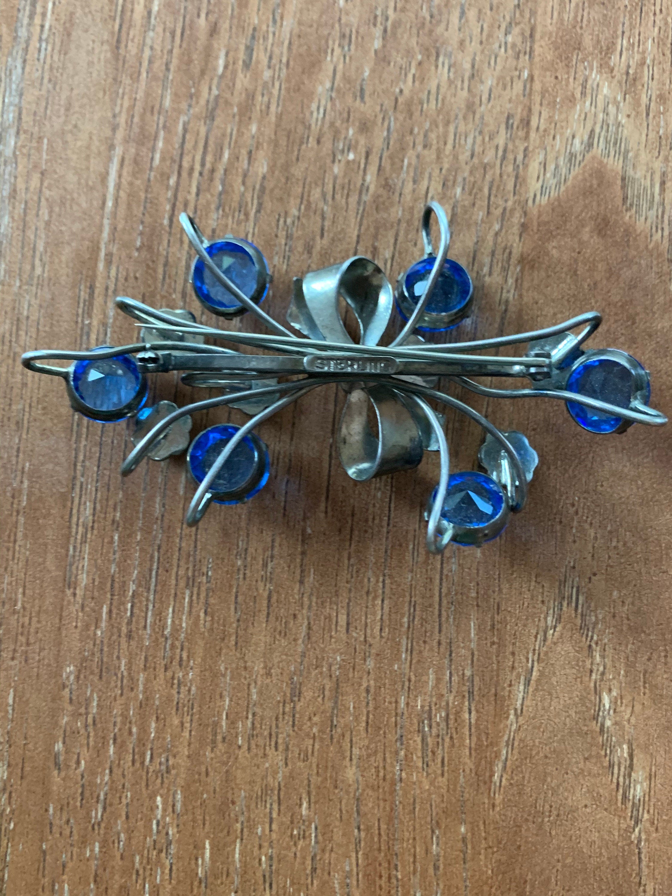 Huge Vintage  Sterling Silver Blue Glass Stone Flower Spray Brooch Pin