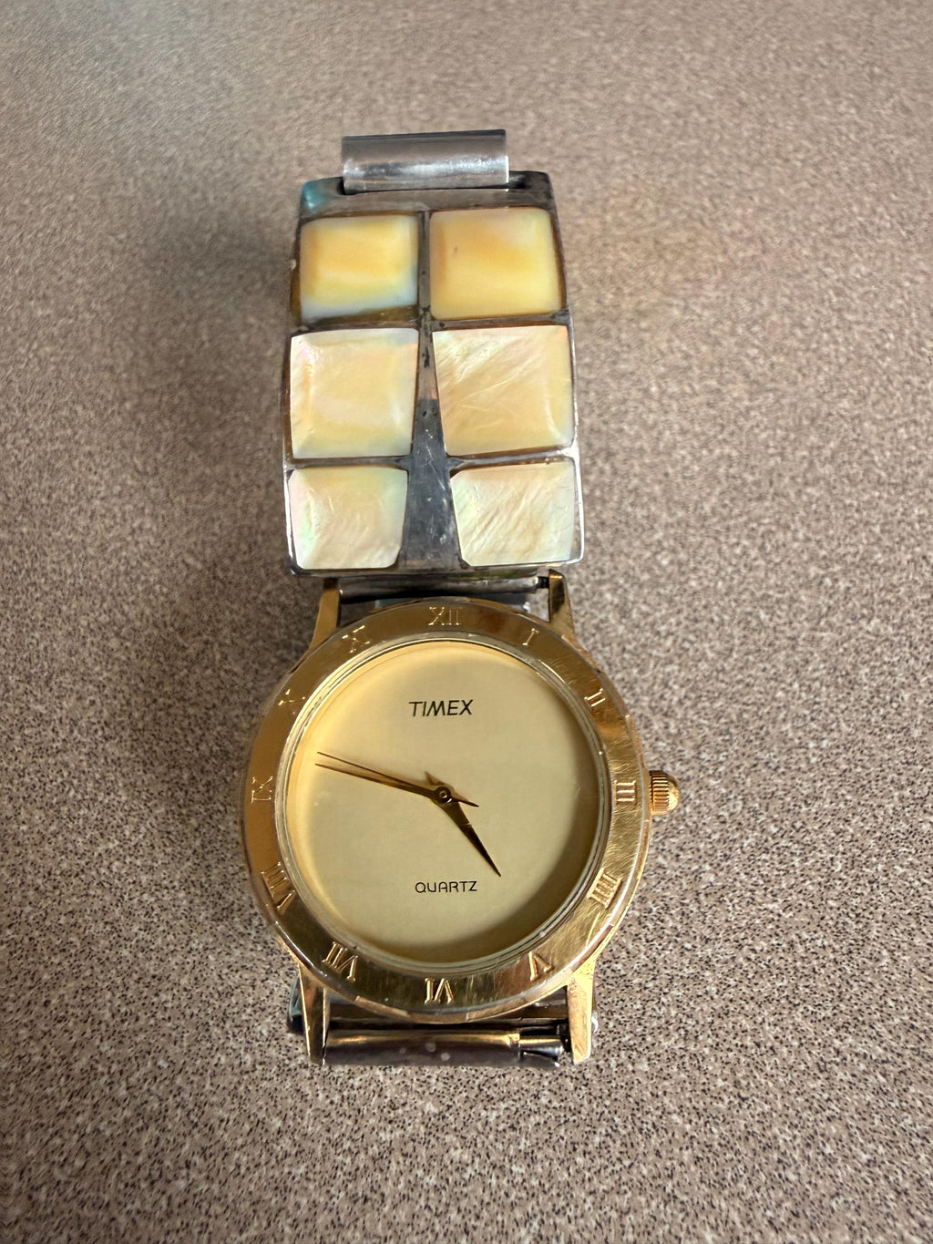 Vintage Artist Stamped BR Native American Sterling Silver Mother of Pearl Watch Band with Vintage Timex Watch
