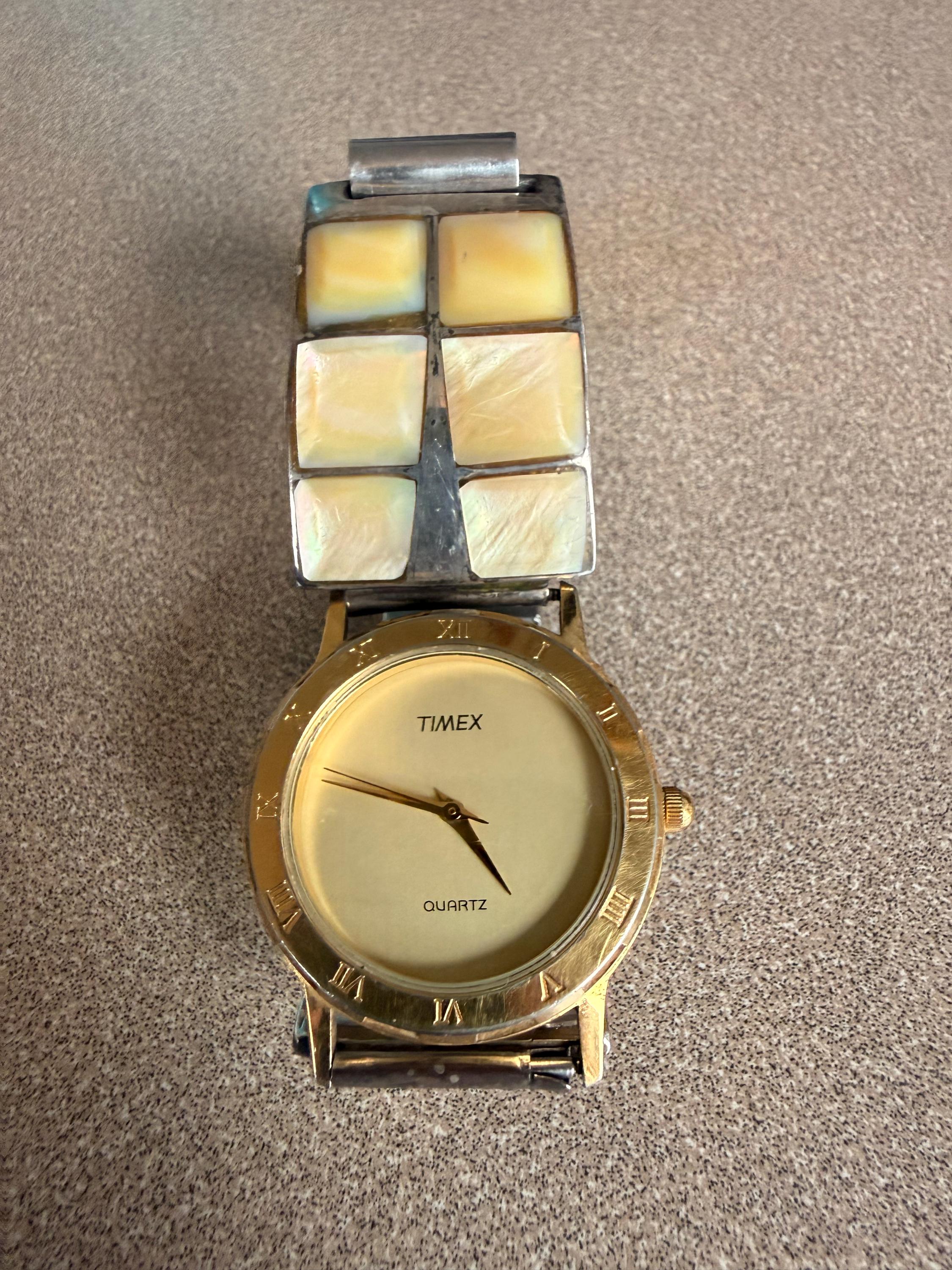 Vintage Artist Stamped BR Native American Sterling Silver Mother of Pearl Watch Band with Vintage Timex Watch
