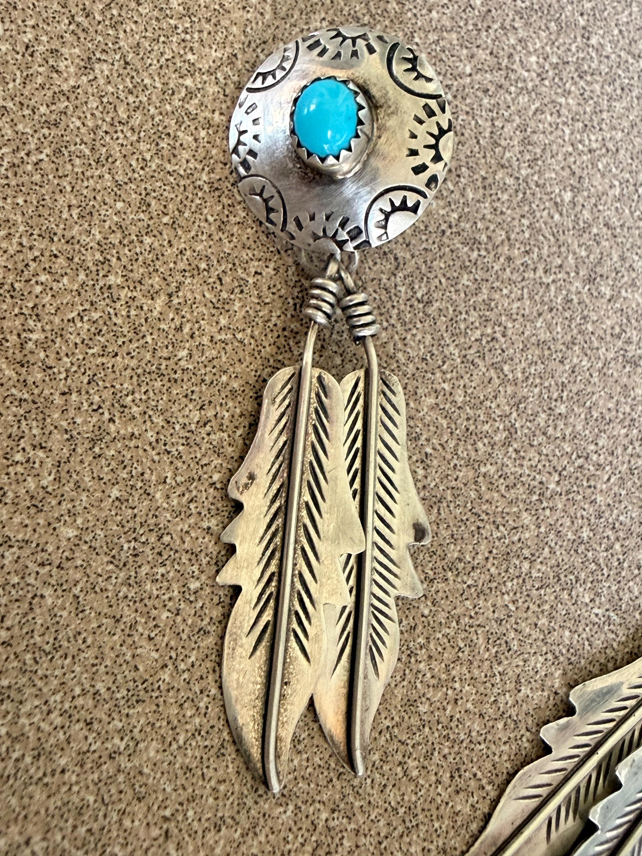 Beautiful Native American Sterling Silver and Turquoise Feather Dangle Post Earrings 2 1/2" long