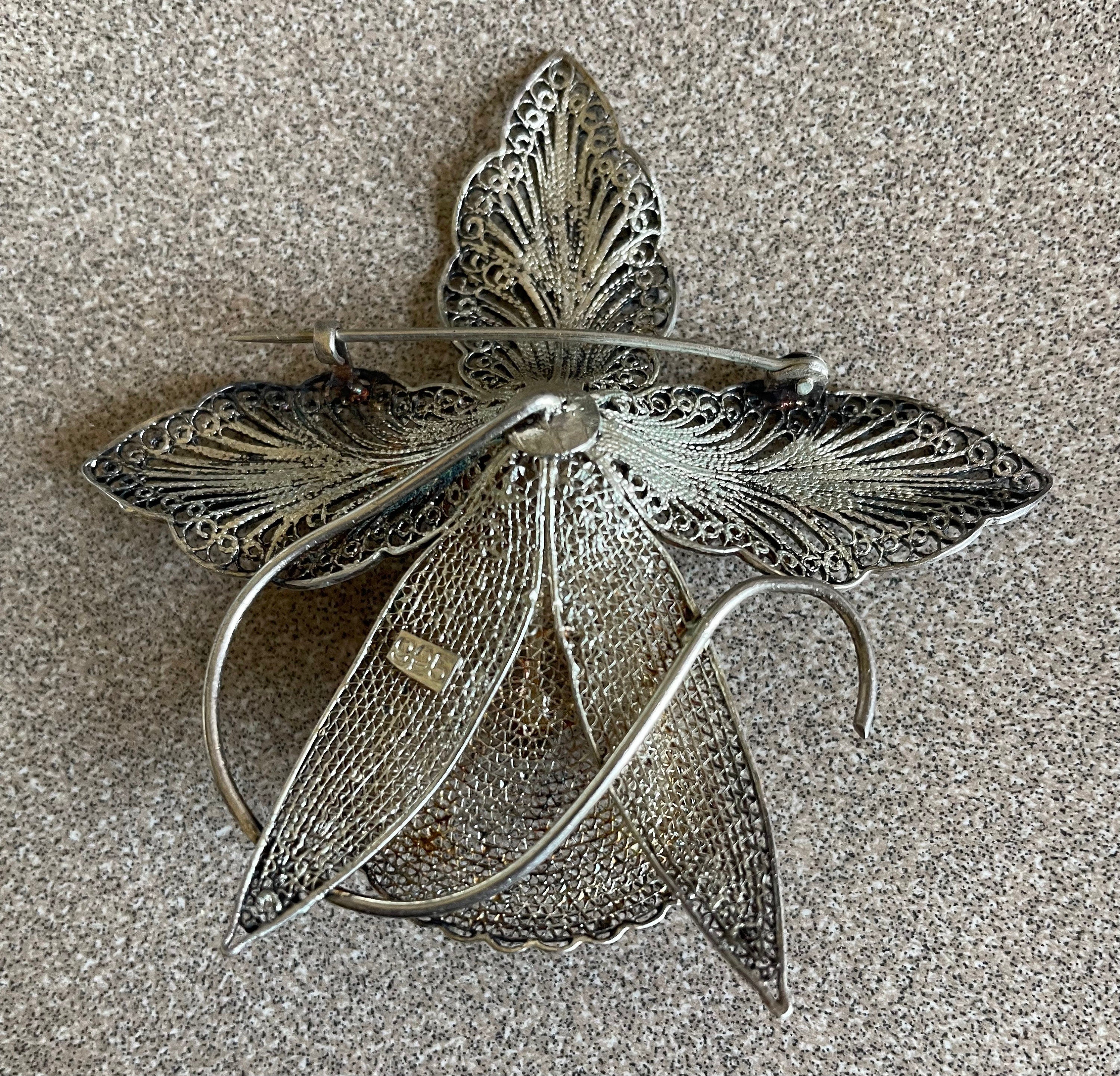 Large Antique Vintage Sterling Silver Filagree Orchid Brooch Pin Marked 925 Stunning Statement Piece