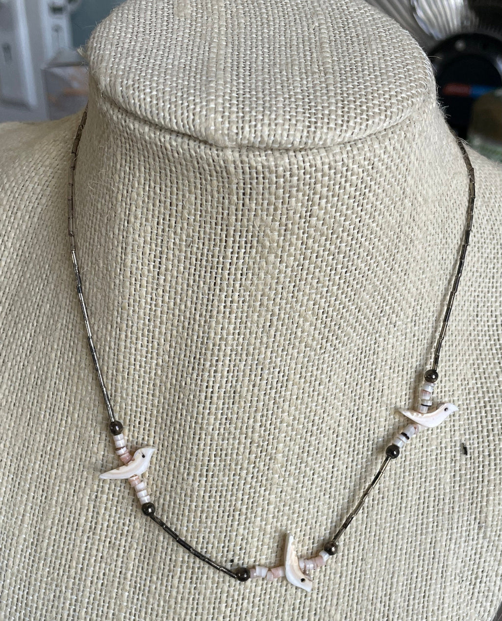 Vintage Sterling Silver Beaded Carved Shell Birds Fetish Necklace
