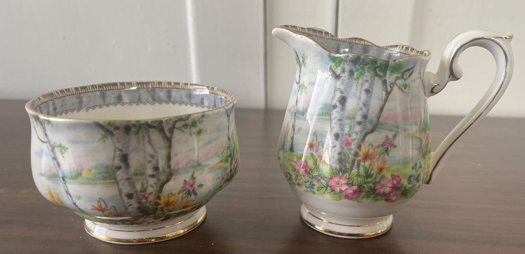 Beautiful Vintage Royal Albert Silver Birch Creamer and Sugar Bowl