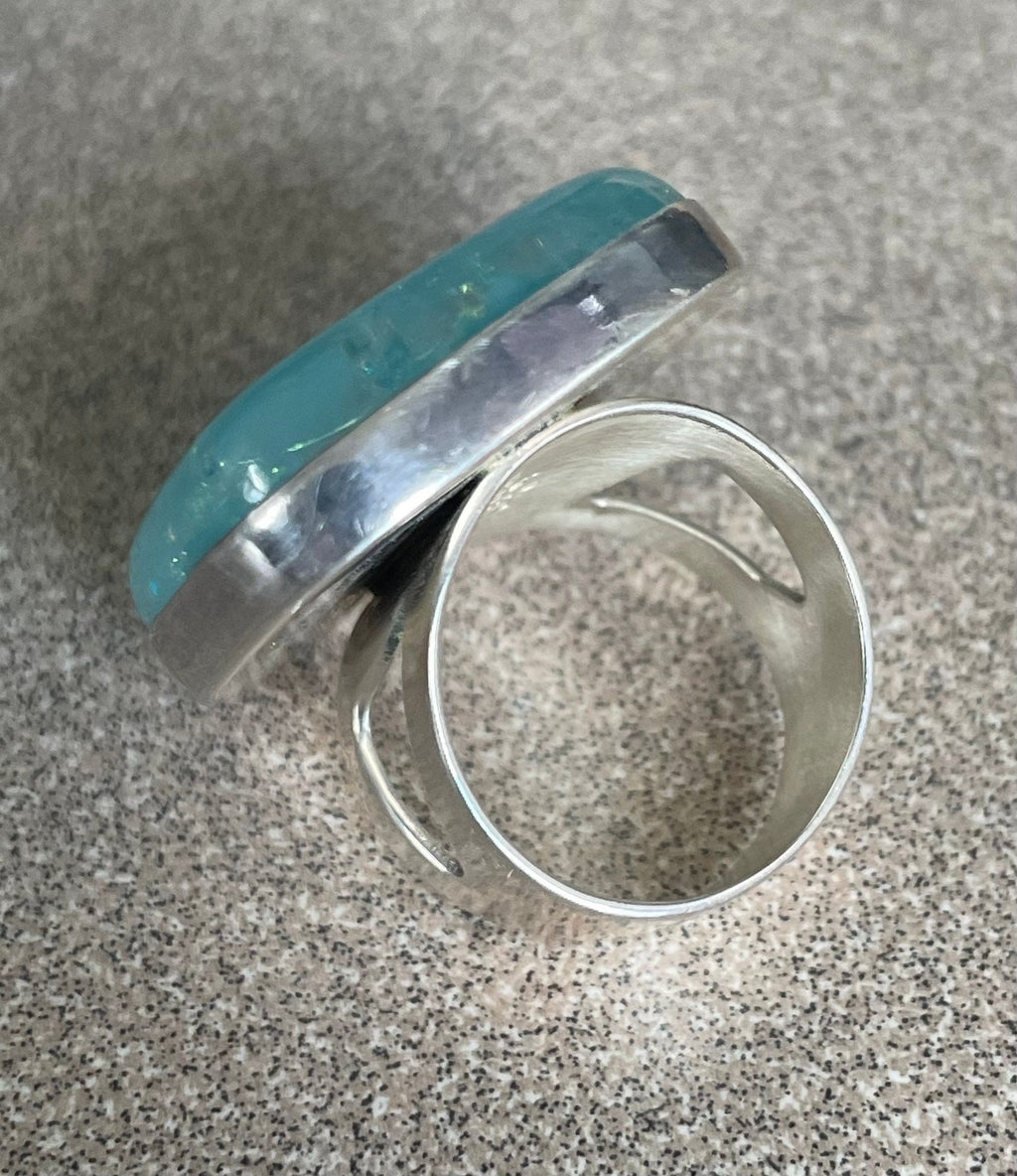 Unique Large Blue and Gold Foil Dichoric Glass Jay King Desert Rose Ring Stamped DTR Size 7
