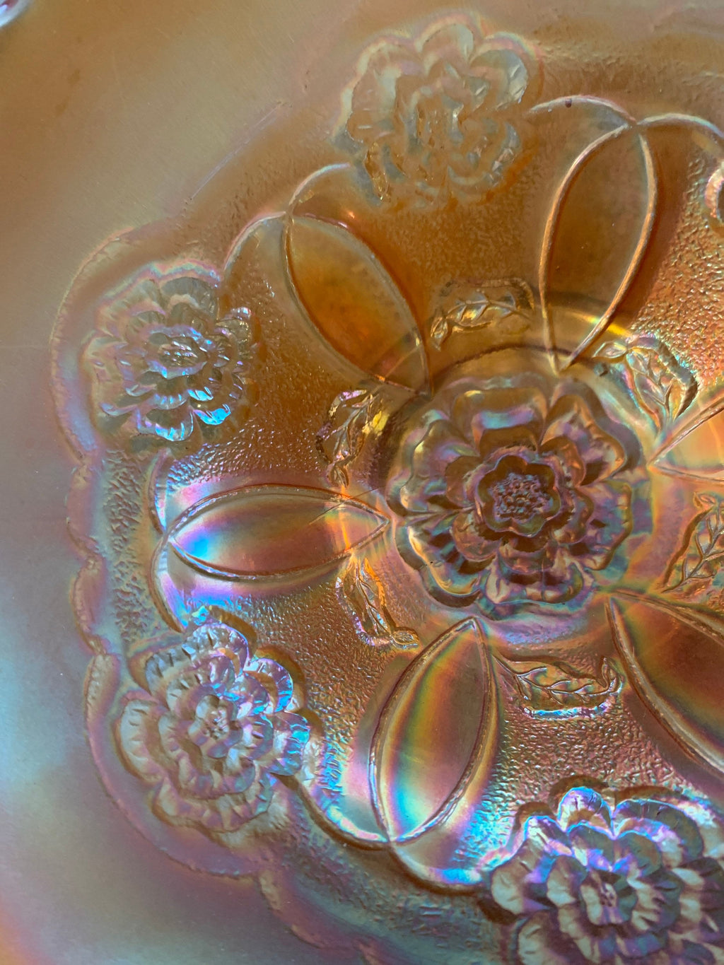 Vintage Gold Carnival Glass footed bowl with Poppies