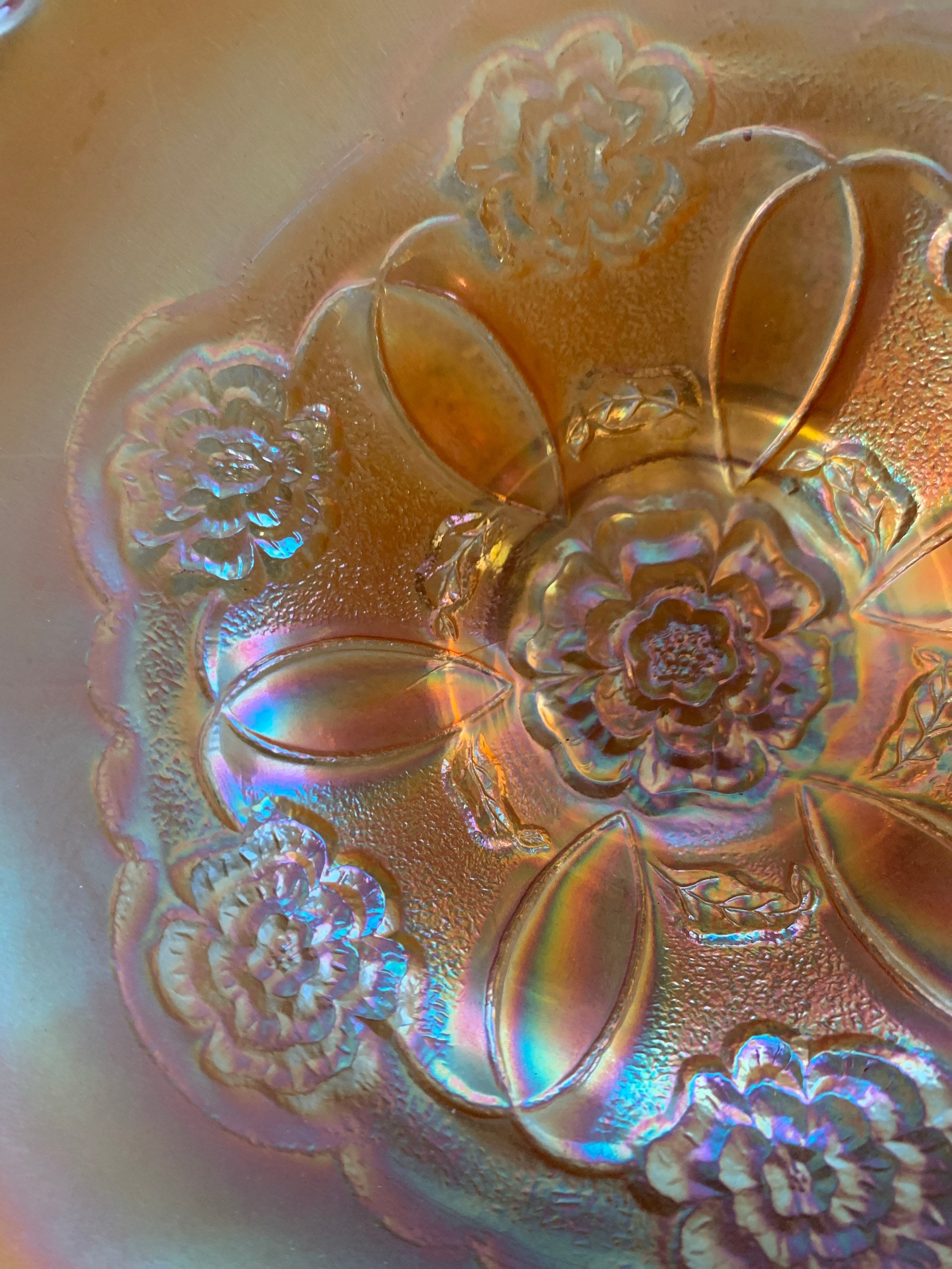 Vintage Gold Carnival Glass footed bowl with Poppies